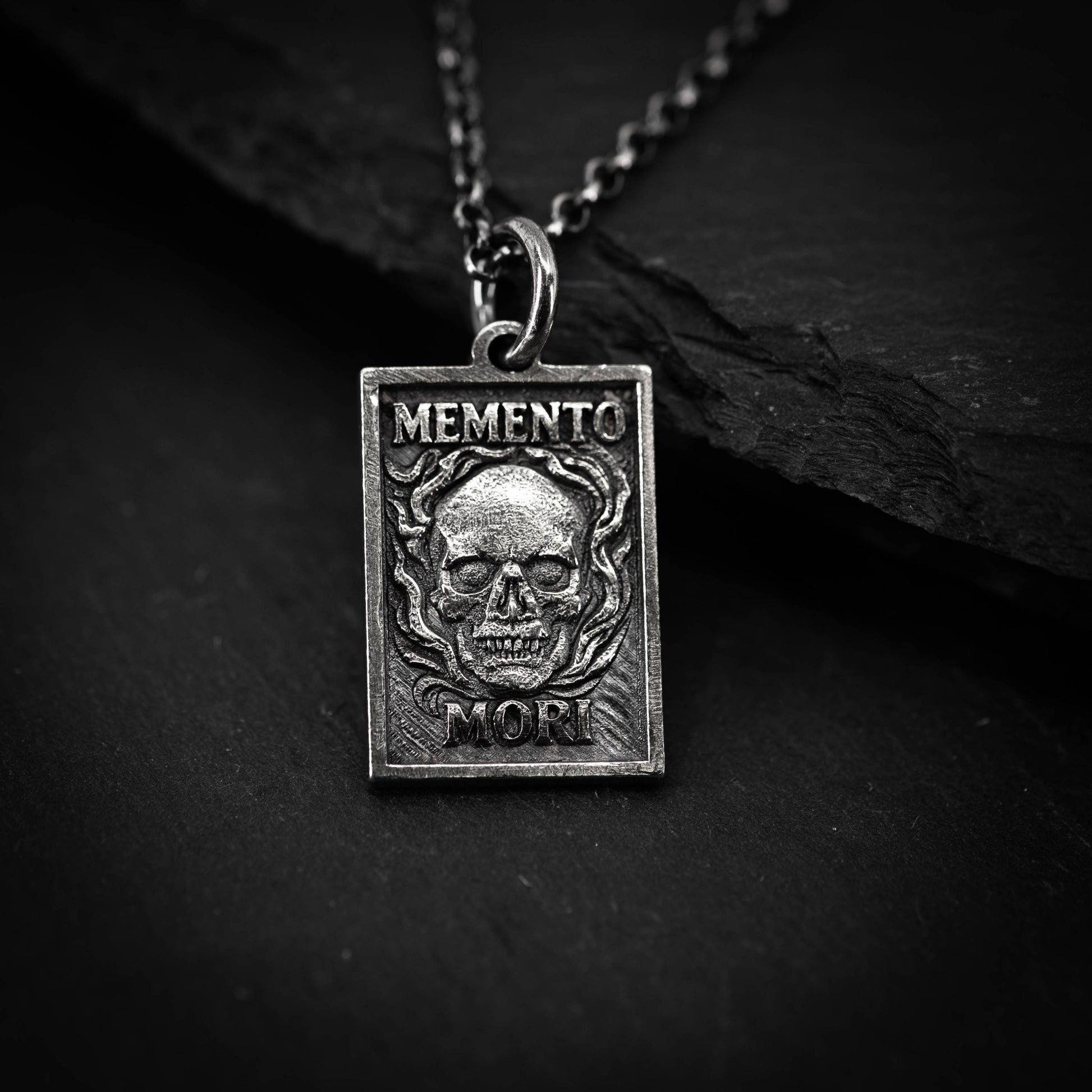 Memento Mori Mens Necklace, Silver Skull Pendant, Memento Vivere Jewelry, Amor Fati Charm, Stoic Chain, Coin Birthday Gift Him and Gift Her