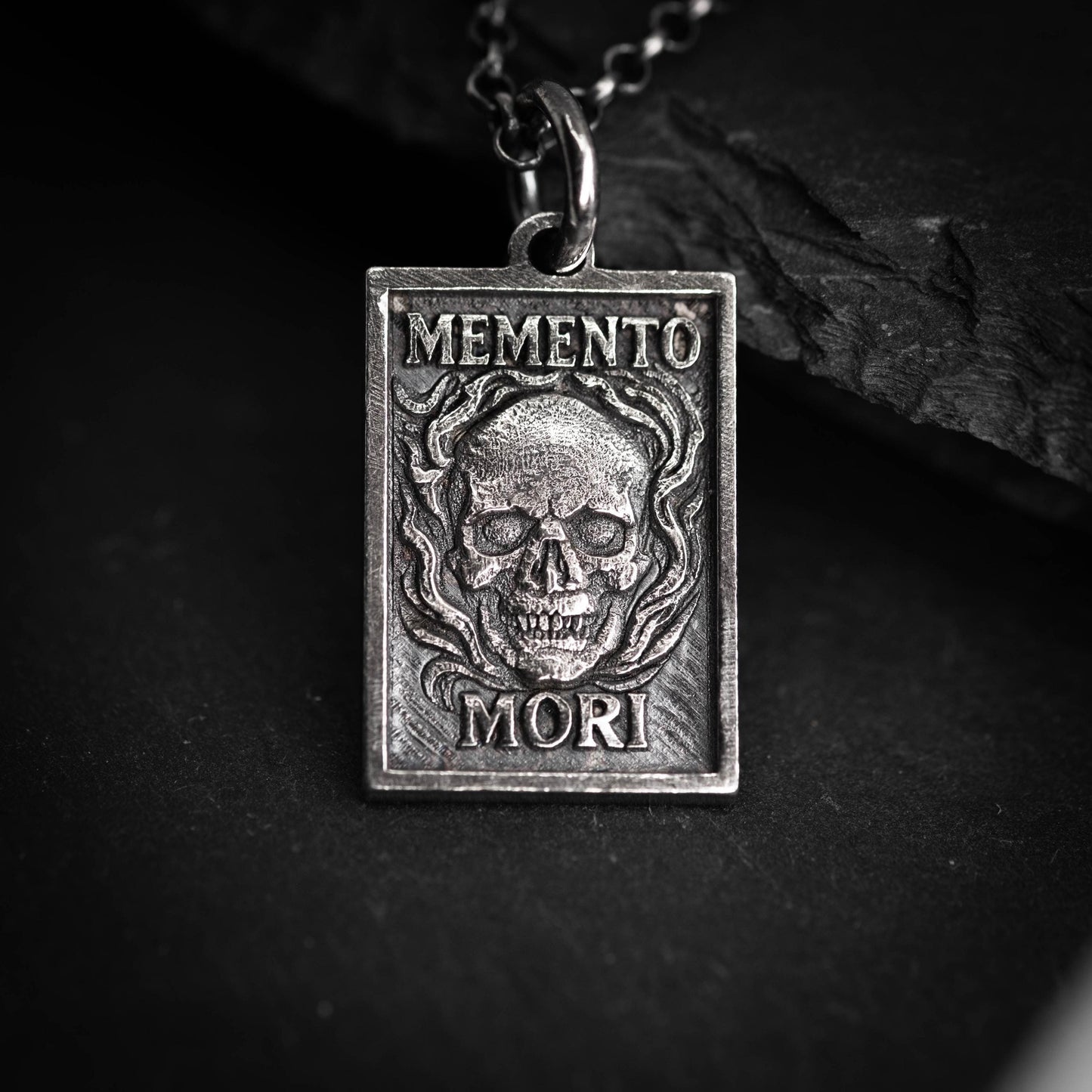 Memento Mori Mens Necklace, Silver Skull Pendant, Memento Vivere Jewelry, Amor Fati Charm, Stoic Chain, Coin Birthday Gift Him and Gift Her