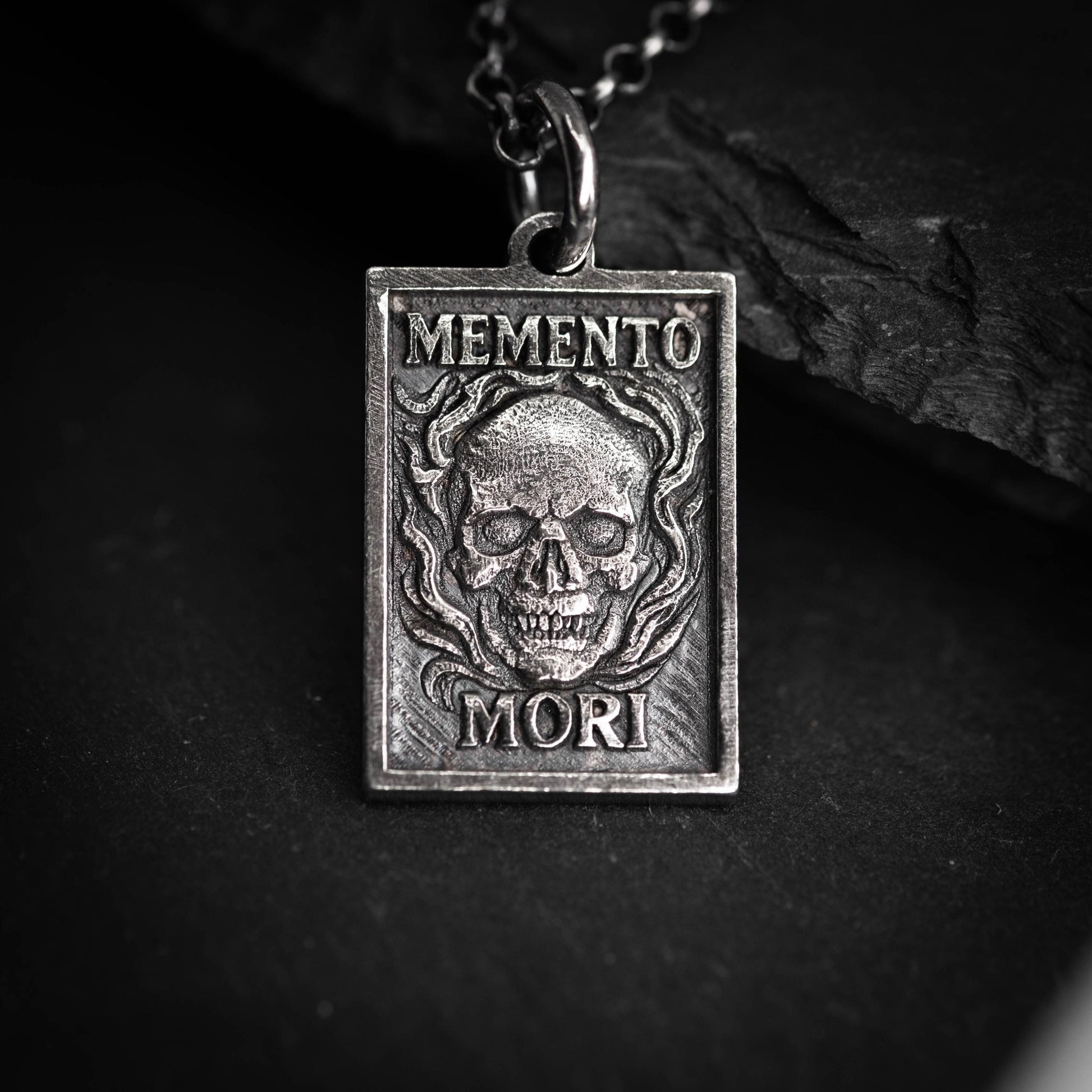 Memento Mori Mens Necklace, Silver Skull Pendant, Memento Vivere Jewelry, Amor Fati Charm, Stoic Chain, Coin Birthday Gift Him and Gift Her