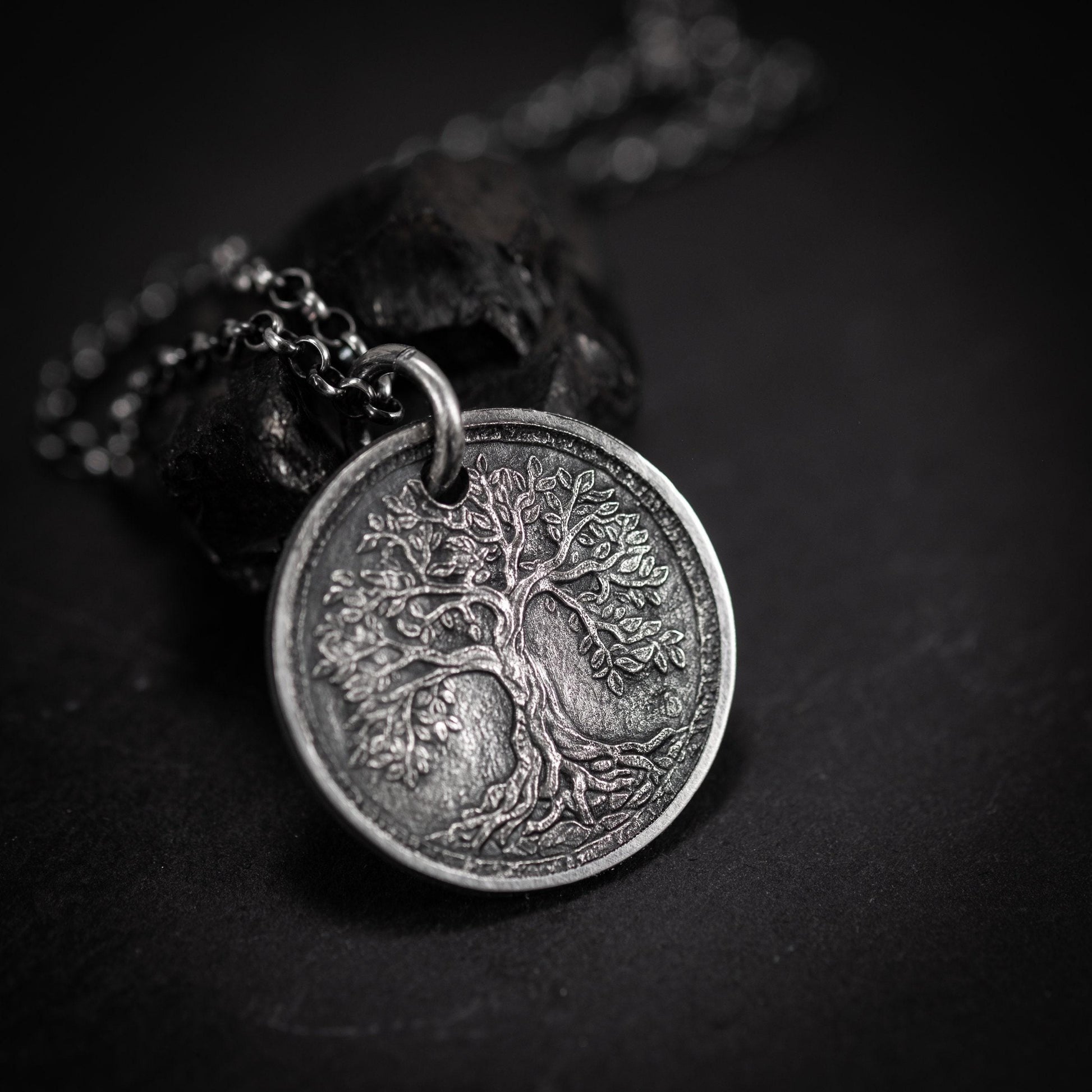 Silver Tree of Life pendant necklace, Unique mens jewelry, Personalized rustic coin necklace, men gift