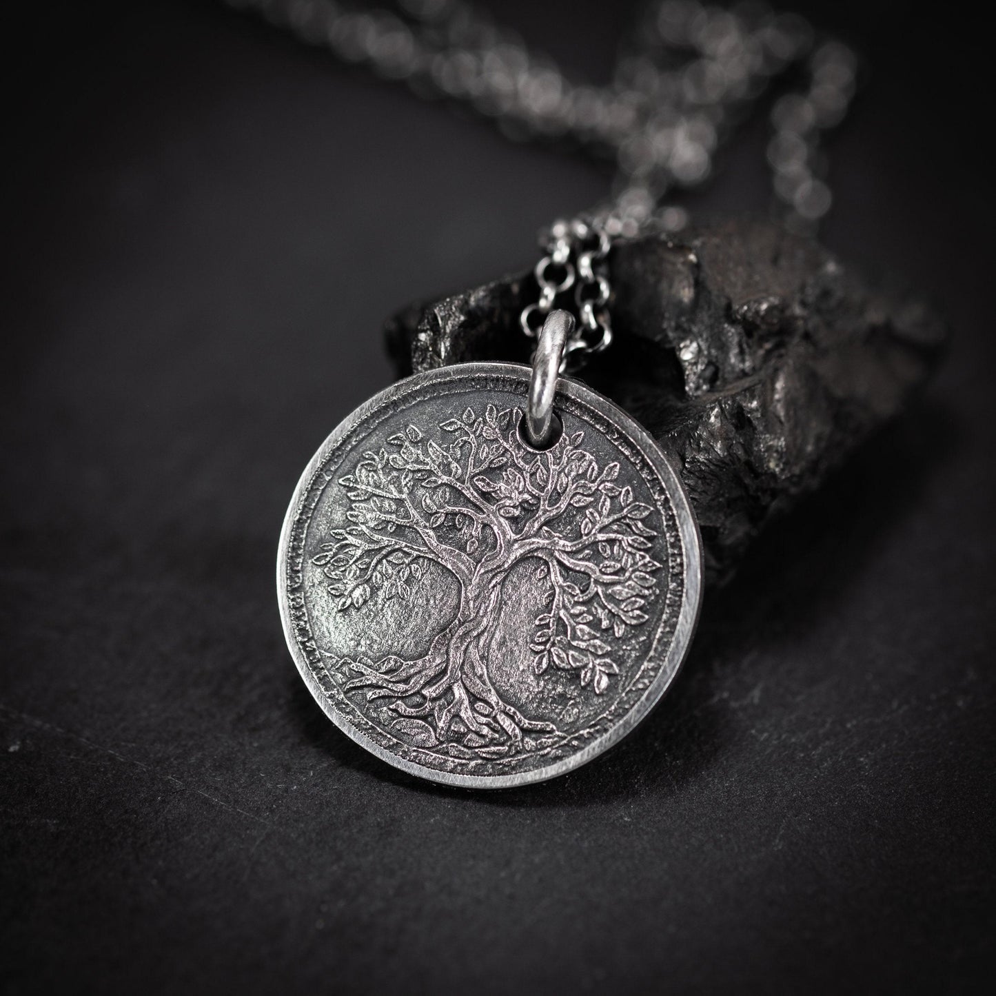 Silver Tree of Life pendant necklace, Unique mens jewelry, Personalized rustic coin necklace, men gift