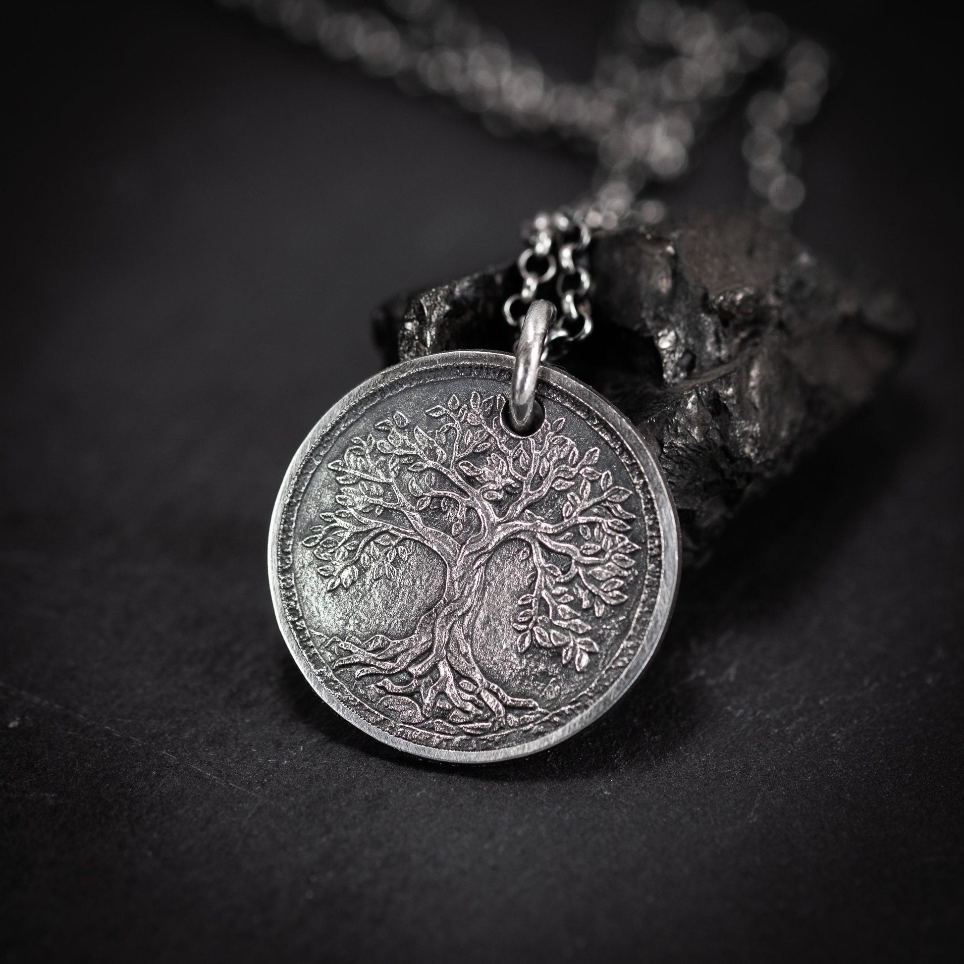 Silver Tree of Life pendant necklace, Unique mens jewelry, Personalized rustic coin necklace, men gift