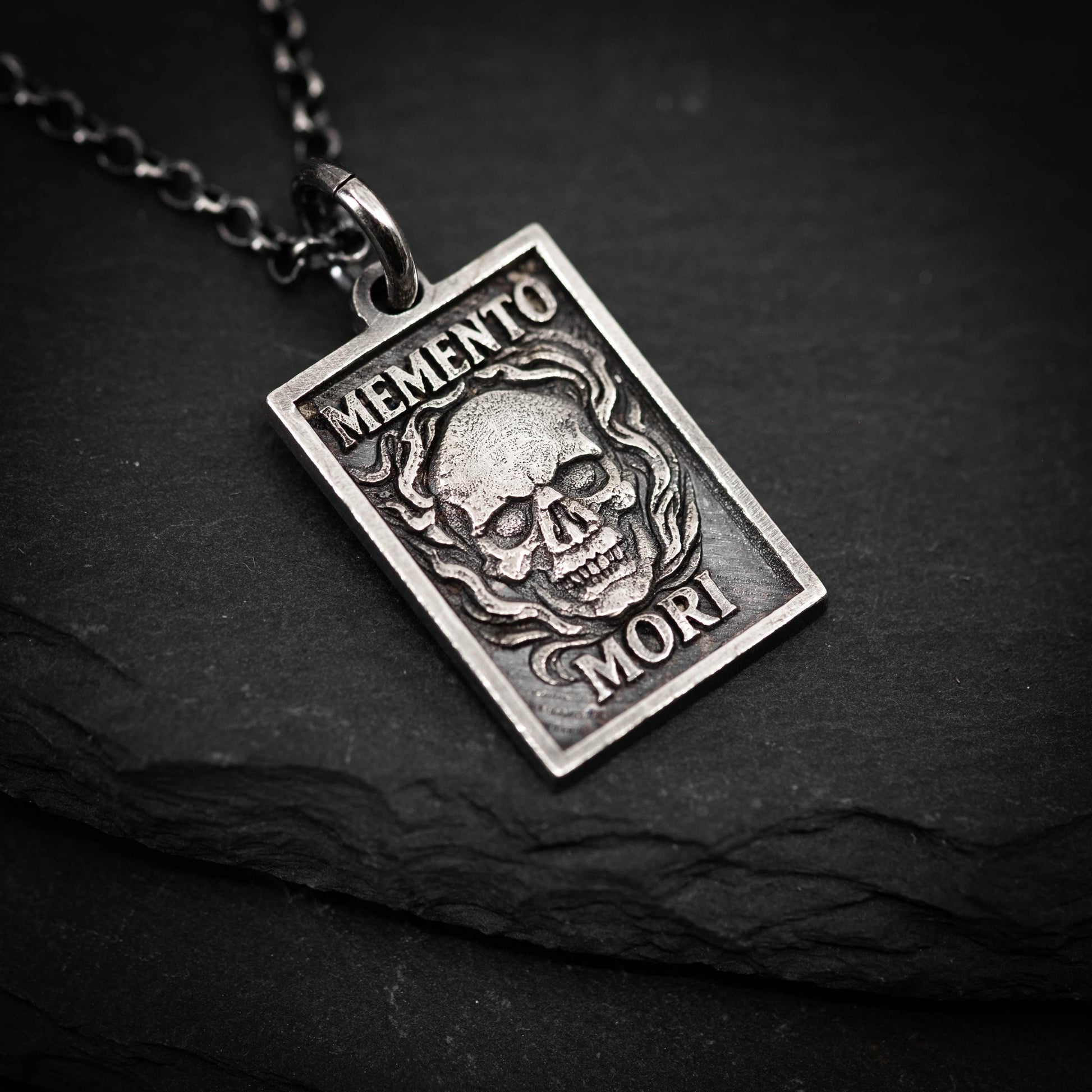 Memento Mori Mens Necklace, Silver Skull Pendant, Memento Vivere Jewelry, Amor Fati Charm, Stoic Chain, Coin Birthday Gift Him and Gift Her