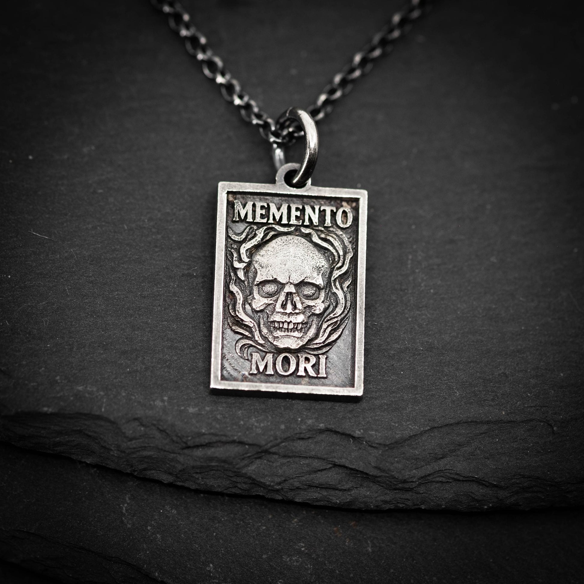 Memento Mori Mens Necklace, Silver Skull Pendant, Memento Vivere Jewelry, Amor Fati Charm, Stoic Chain, Coin Birthday Gift Him and Gift Her