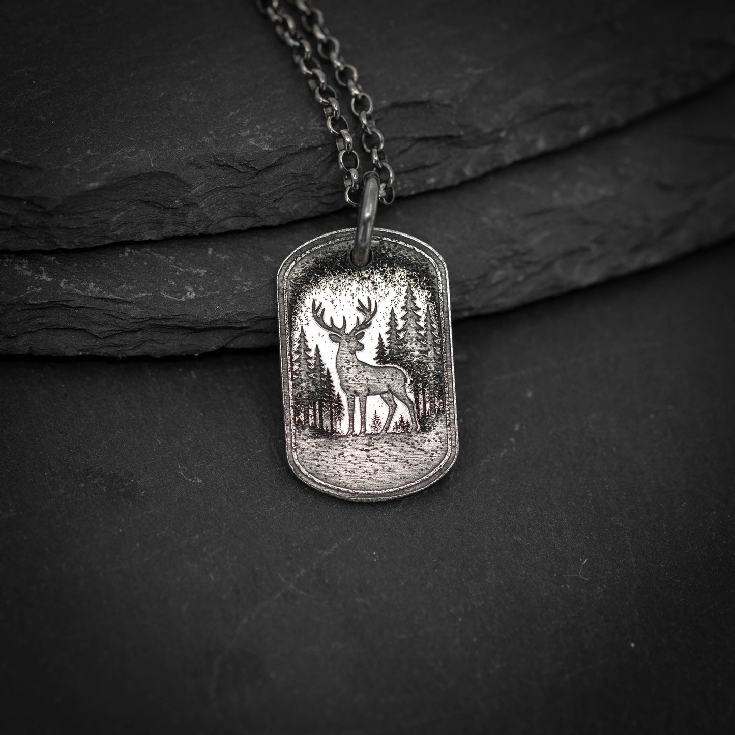 Deer in the forest nature silver Necklace, Nature Outdoor adventure handmade jewelry, mens necklace, Personalized engraved Travel gift
