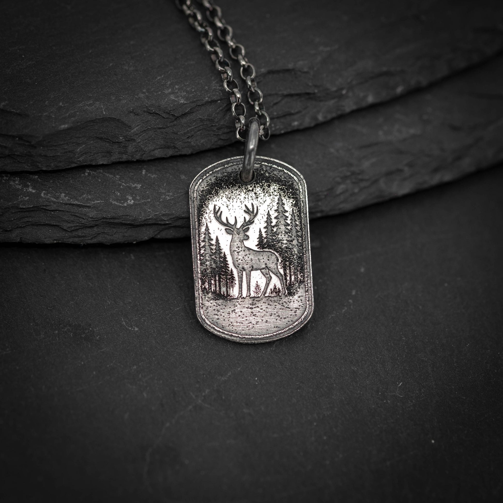 Deer in the forest nature silver Necklace, Nature Outdoor adventure handmade jewelry, mens necklace, Personalized engraved Travel gift