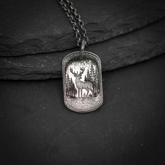 Deer in the forest nature silver Necklace, Nature Outdoor adventure handmade jewelry, mens necklace, Personalized engraved Travel gift