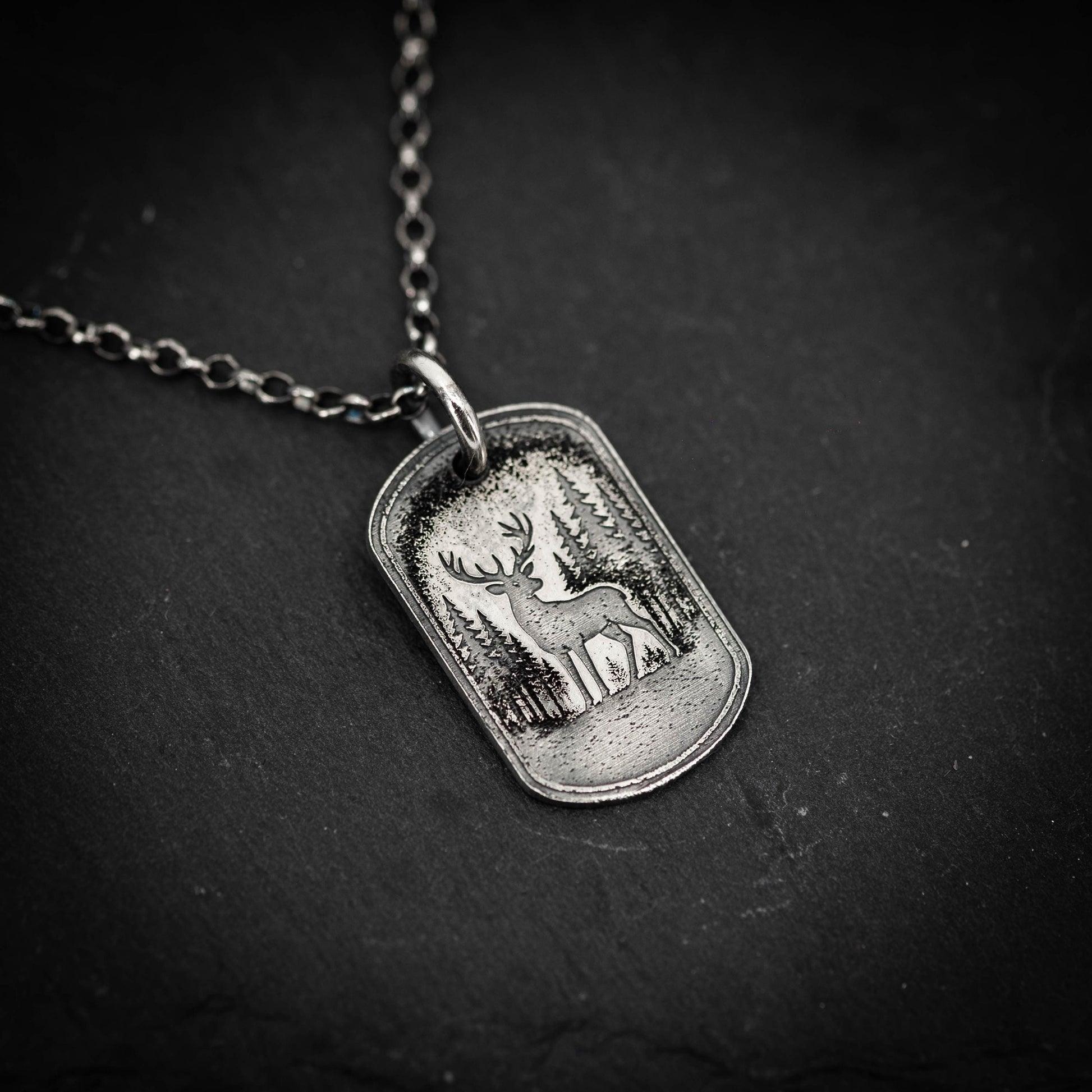 Deer in the forest nature silver Necklace, Nature Outdoor adventure handmade jewelry, mens necklace, Personalized engraved Travel gift