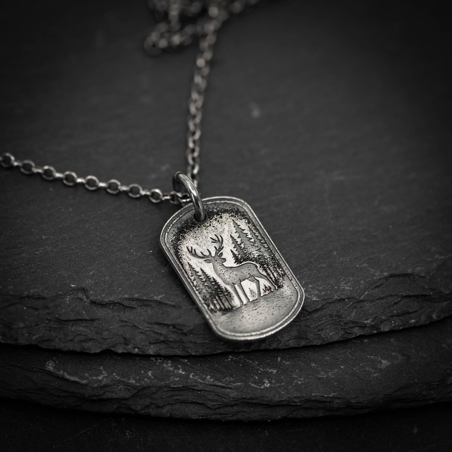 Deer in the forest nature silver Necklace, Nature Outdoor adventure handmade jewelry, mens necklace, Personalized engraved Travel gift