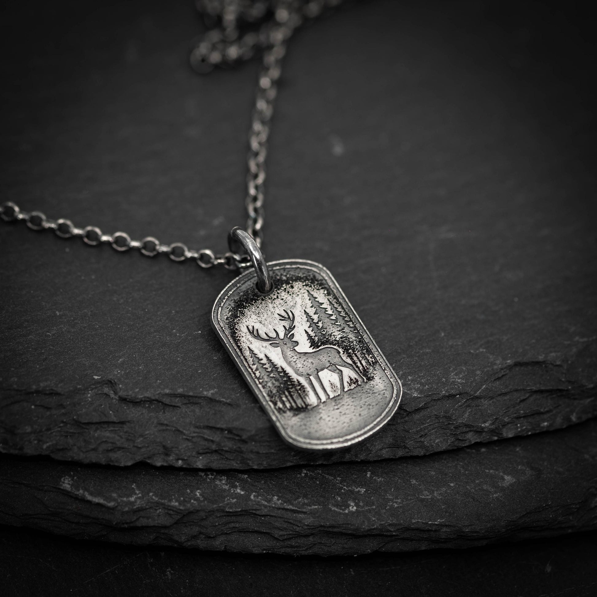Deer in the forest nature silver Necklace, Nature Outdoor adventure handmade jewelry, mens necklace, Personalized engraved Travel gift