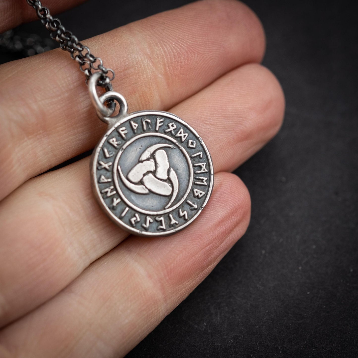 Viking Silver Triple horn of Odin pendant necklace, Oxidized Mens Silver norse jewelry, Rune necklace for men, mens gift, norse mythology