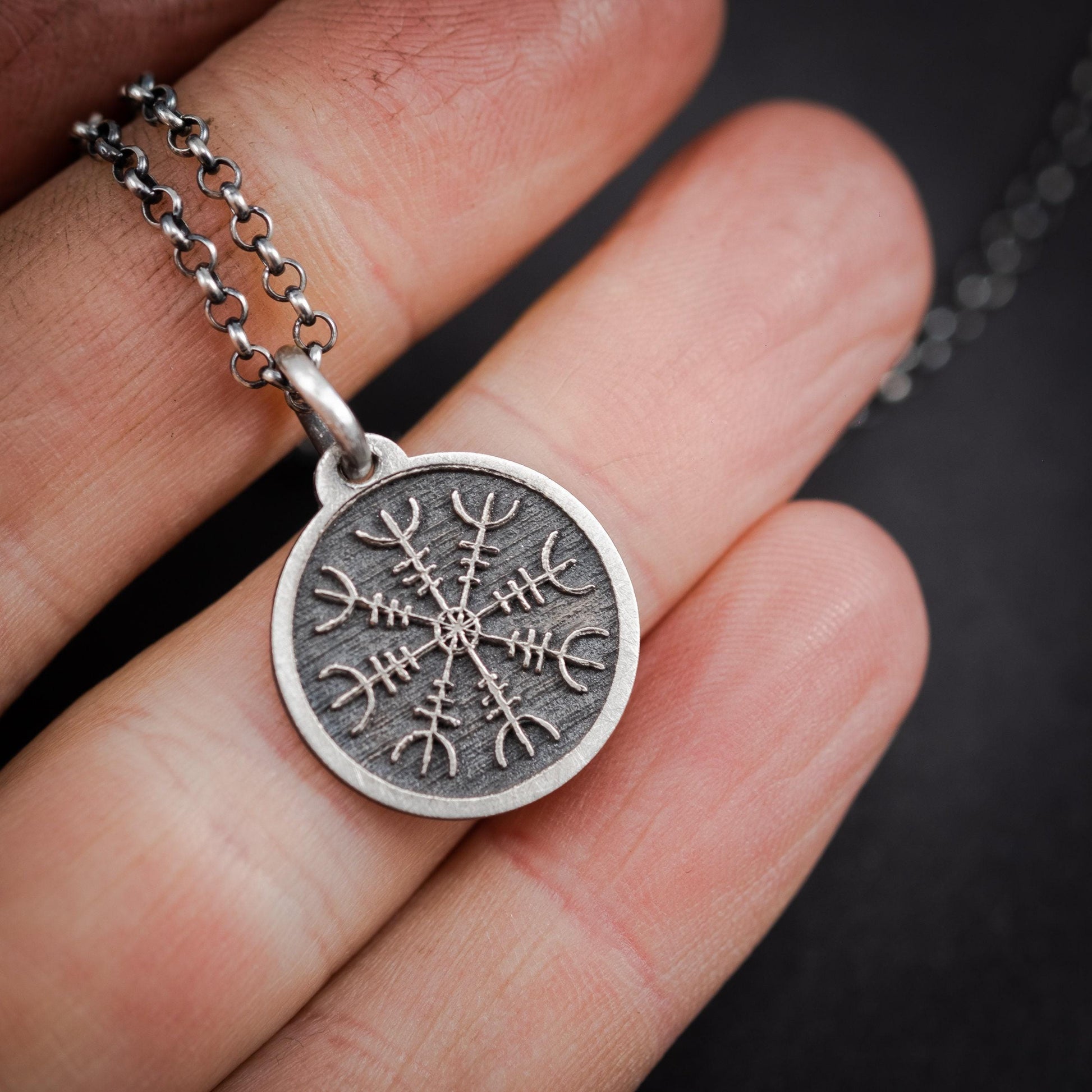 Mens Silver Viking The Helm of Awe Protection necklace, Engraved silver Personalized viking jewelry, Oxidized rustic necklace, norse jewelry