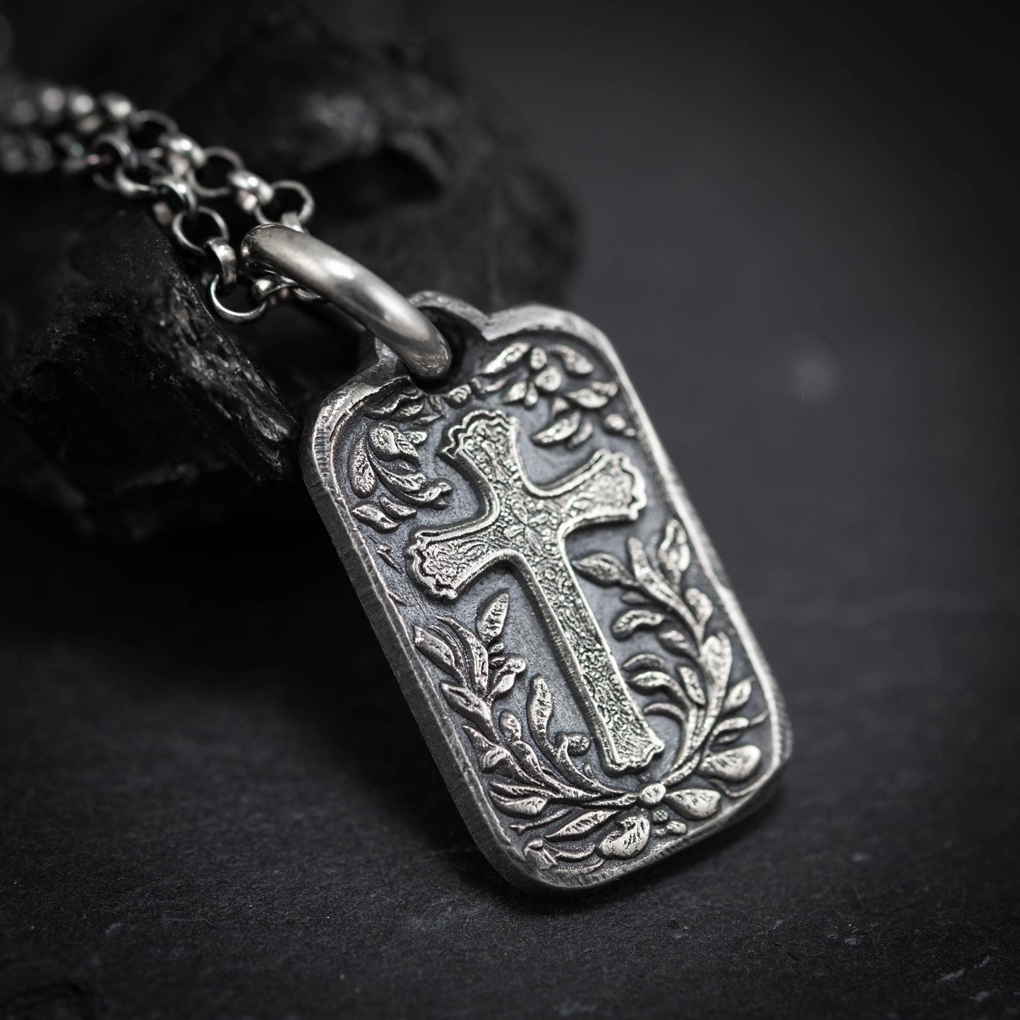 Rustic Silver Cross Pendant Necklace, Christian Faith Jewelry, Handmade Religious Necklace, Unique Gift for Men