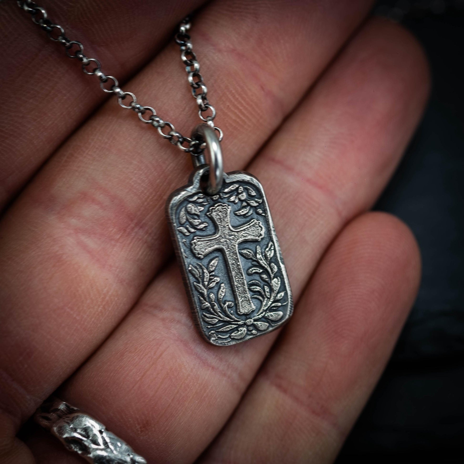 Rustic Silver Cross Pendant Necklace, Christian Faith Jewelry, Handmade Religious Necklace, Unique Gift for Men