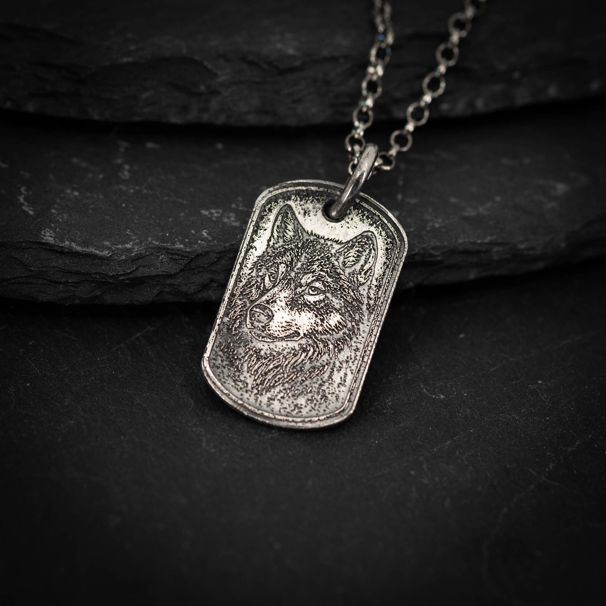 Rustic Wolf Silver necklace, Dog tag personalized oxidized silver jewelry