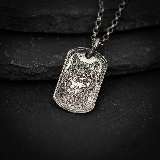 Rustic Wolf Silver necklace, Dog tag personalized oxidized silver jewelry
