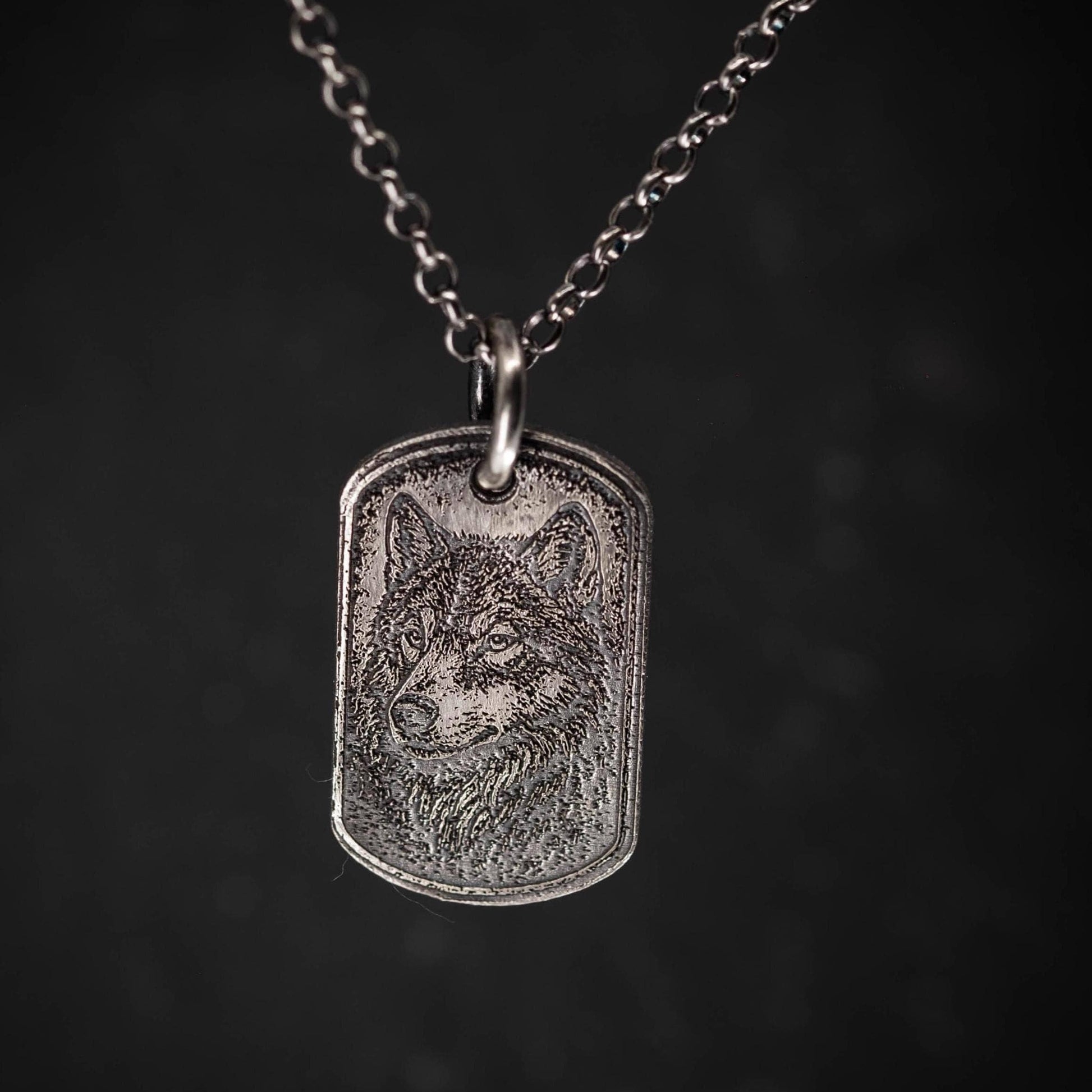 Rustic Wolf Silver necklace, Dog tag personalized oxidized silver jewelry