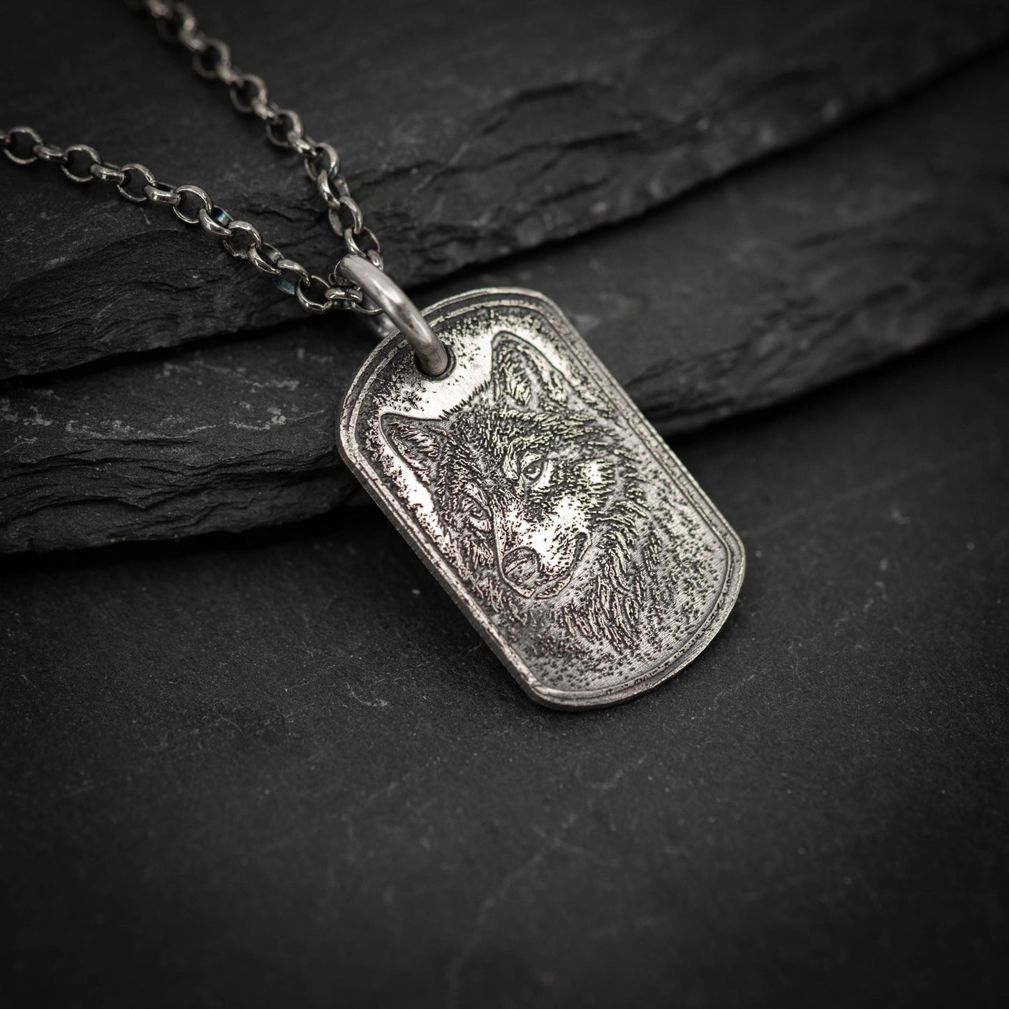 Rustic Wolf Silver necklace, Dog tag personalized oxidized silver jewelry