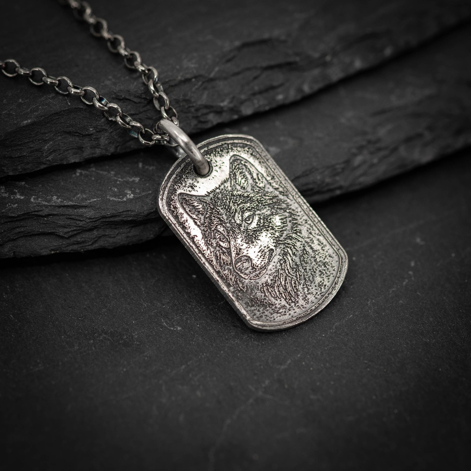 Rustic Wolf Silver necklace, Dog tag personalized oxidized silver jewelry