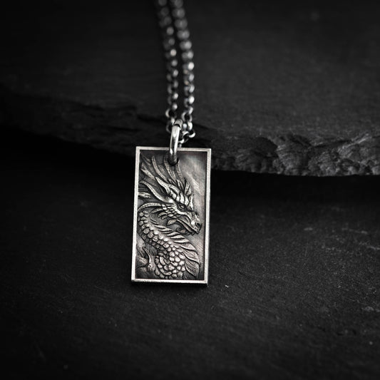 Dragon Mens Necklace in Sterling Silver – Handmade Pendant, Mythical Talisman Jewelry for Men