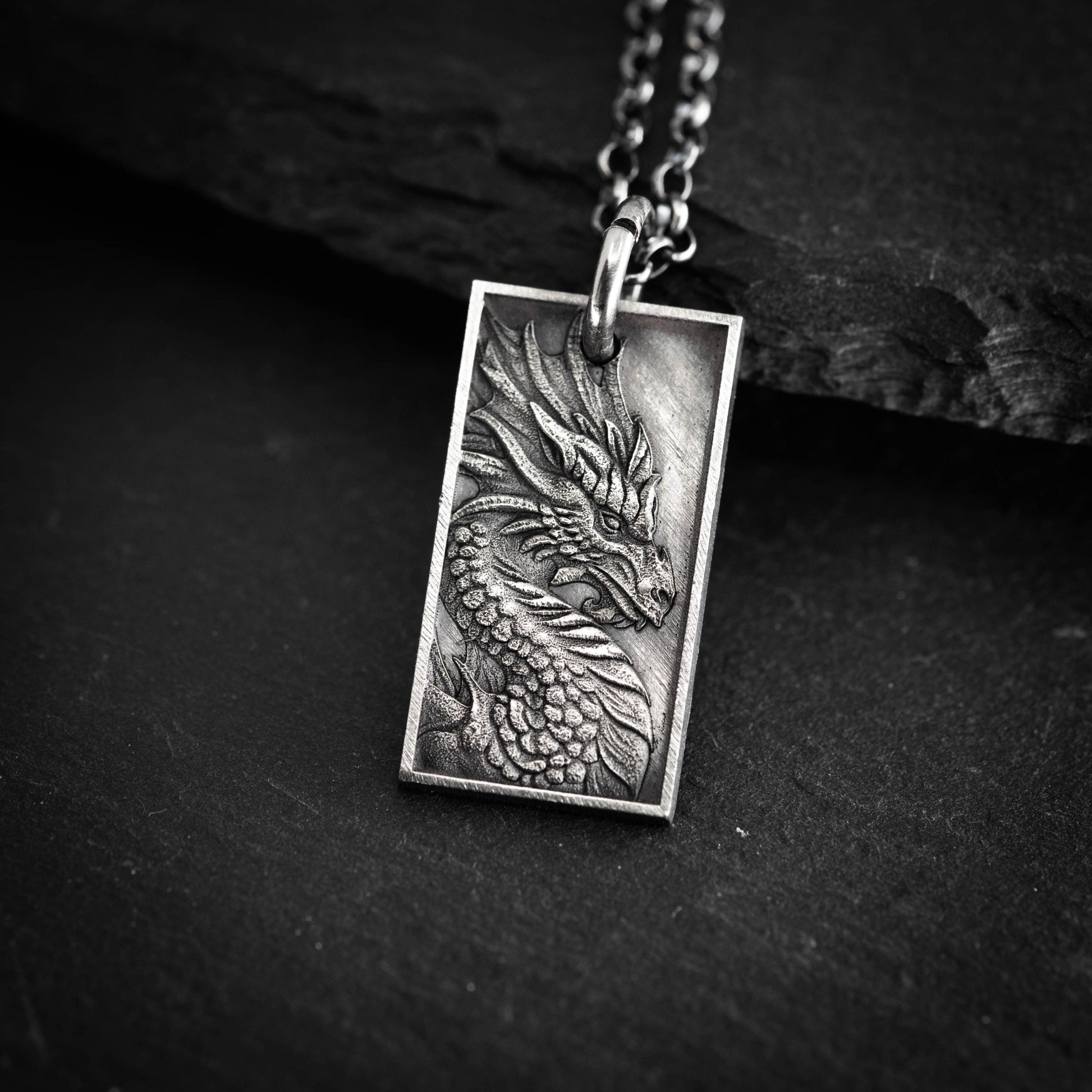 Dragon Mens Necklace in Sterling Silver – Handmade Pendant, Mythical Talisman Jewelry for Men