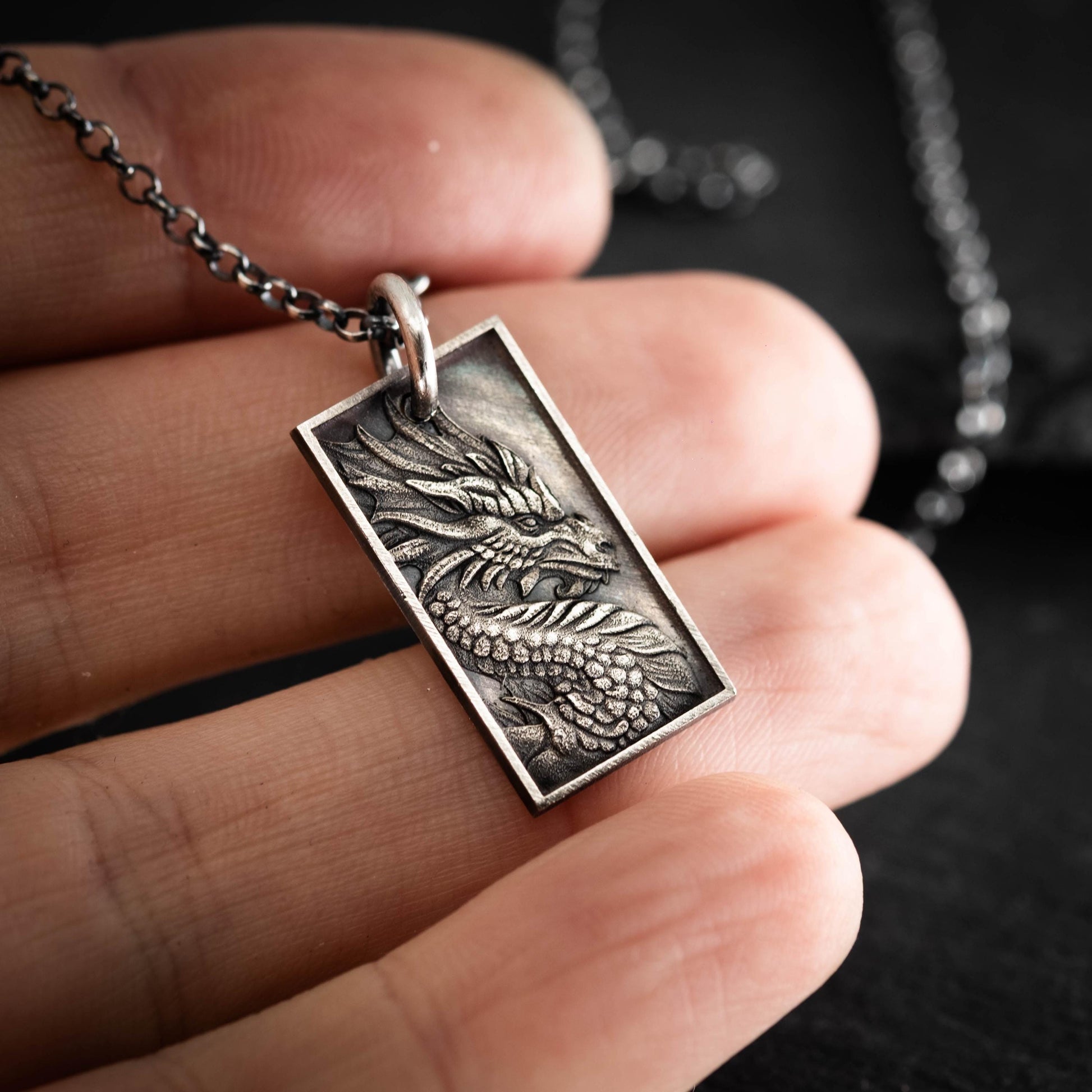 Dragon Mens Necklace in Sterling Silver – Handmade Pendant, Mythical Talisman Jewelry for Men