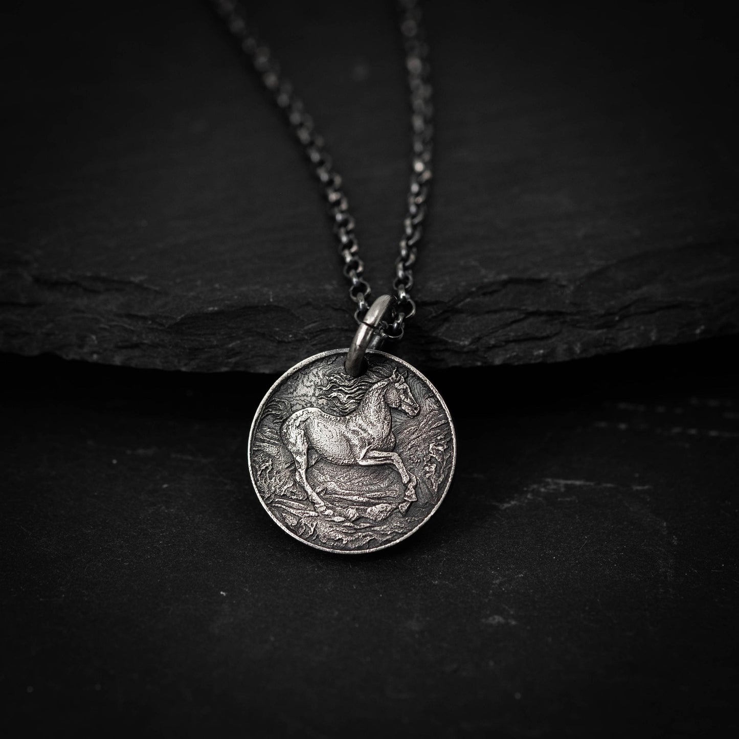 Silver Horse personalized Pendant Necklace, Handmade Rustic Oxidized Coin Jewelry for Men or Women, husband gift