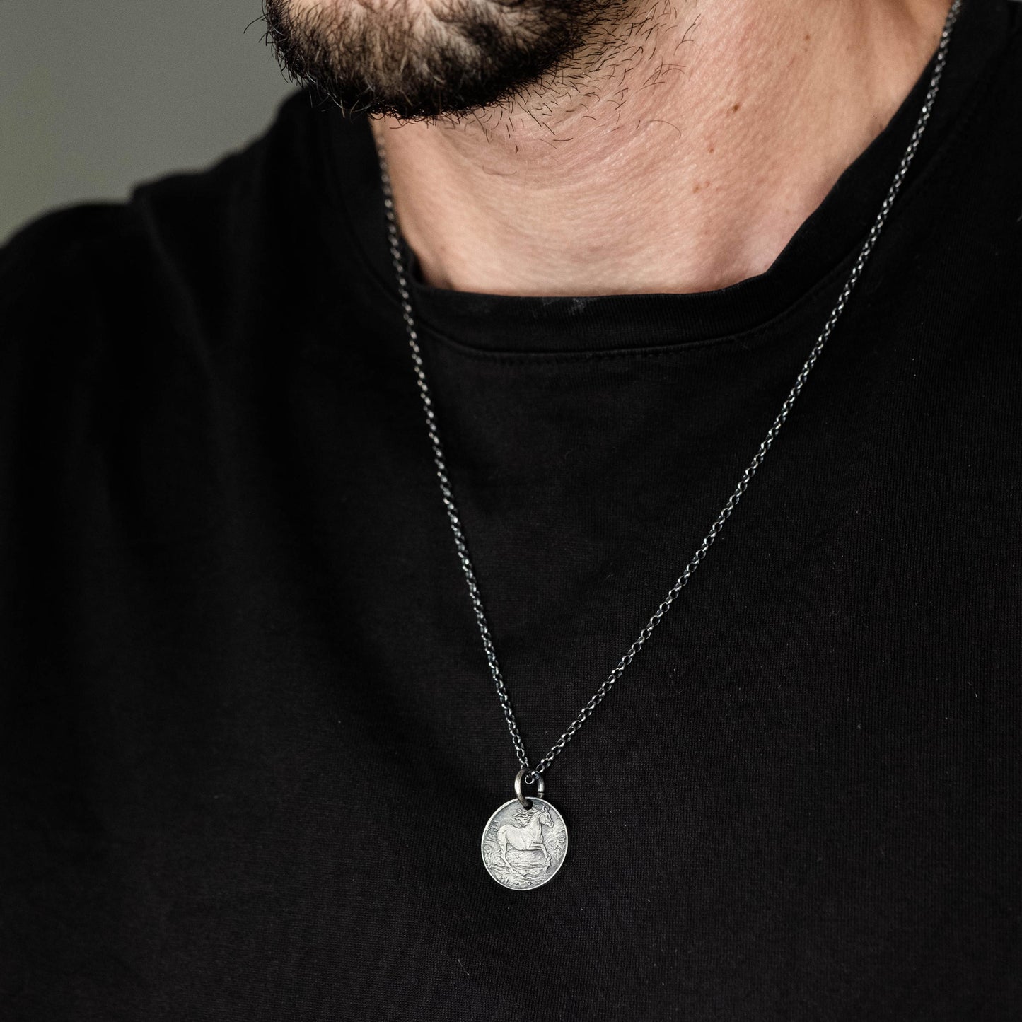 Silver Horse personalized Pendant Necklace, Handmade Rustic Oxidized Coin Jewelry for Men or Women, husband gift