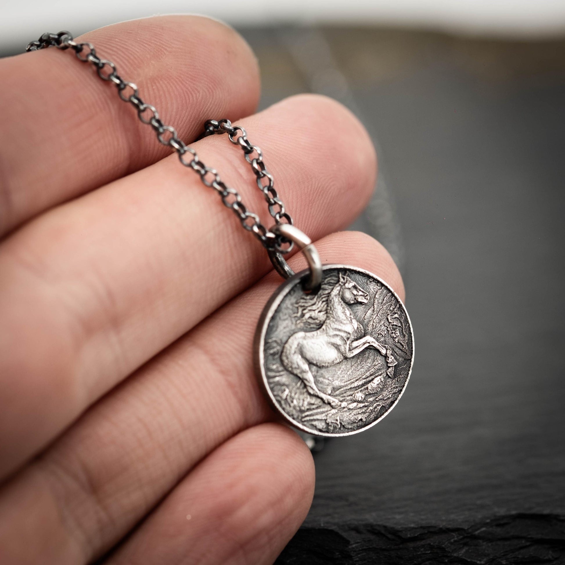 Silver Horse personalized Pendant Necklace, Handmade Rustic Oxidized Coin Jewelry for Men or Women, husband gift