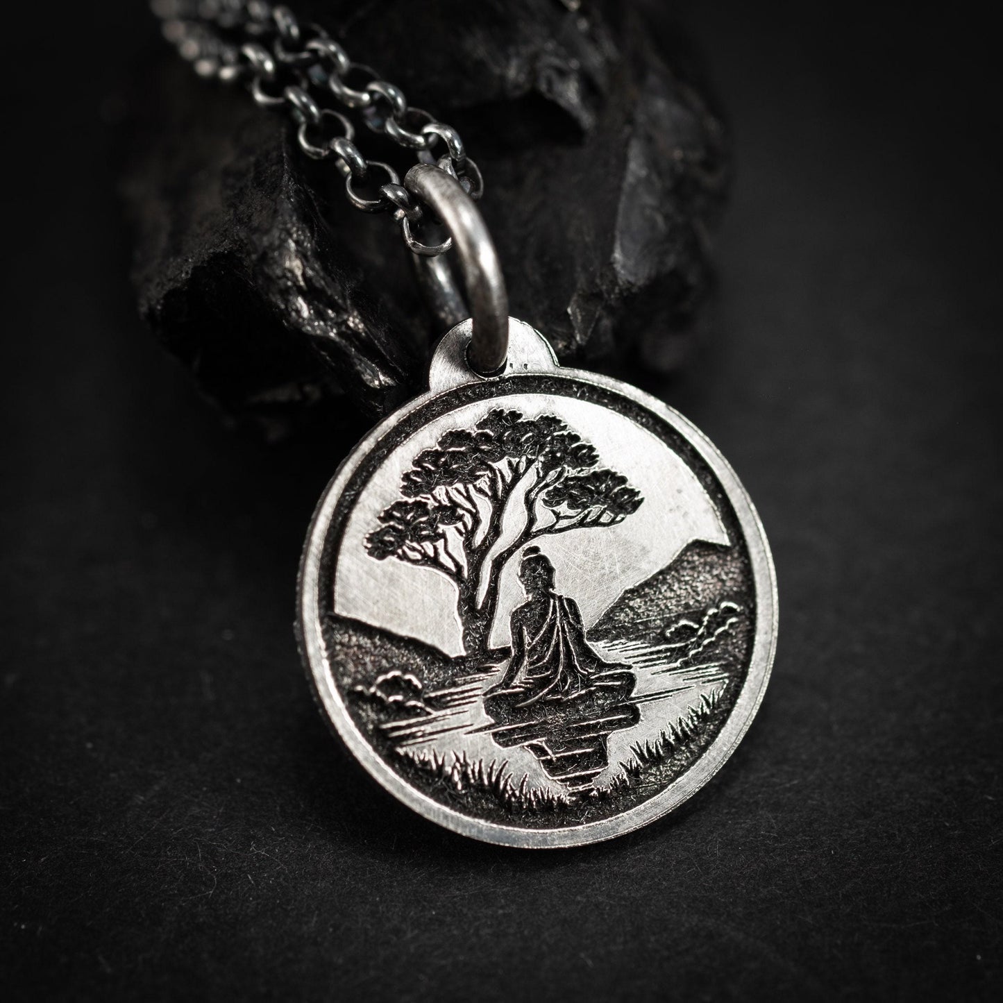 Buddha Meditation silver pendant necklace, Buddhist yoga handmade spiritual jewelry, Mindfulnes gift for him, mens necklace, Anxiety relief
