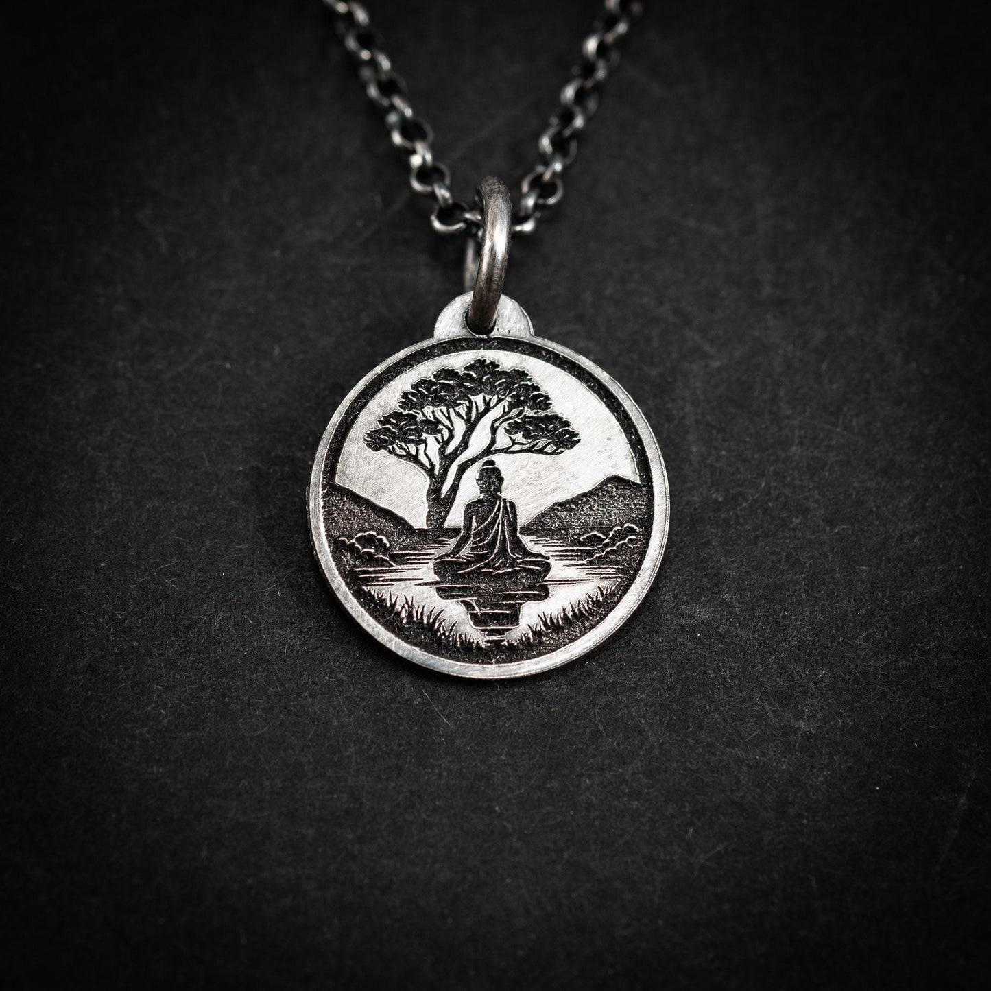 Buddha Meditation silver pendant necklace, Buddhist yoga handmade spiritual jewelry, Mindfulnes gift for him, mens necklace, Anxiety relief