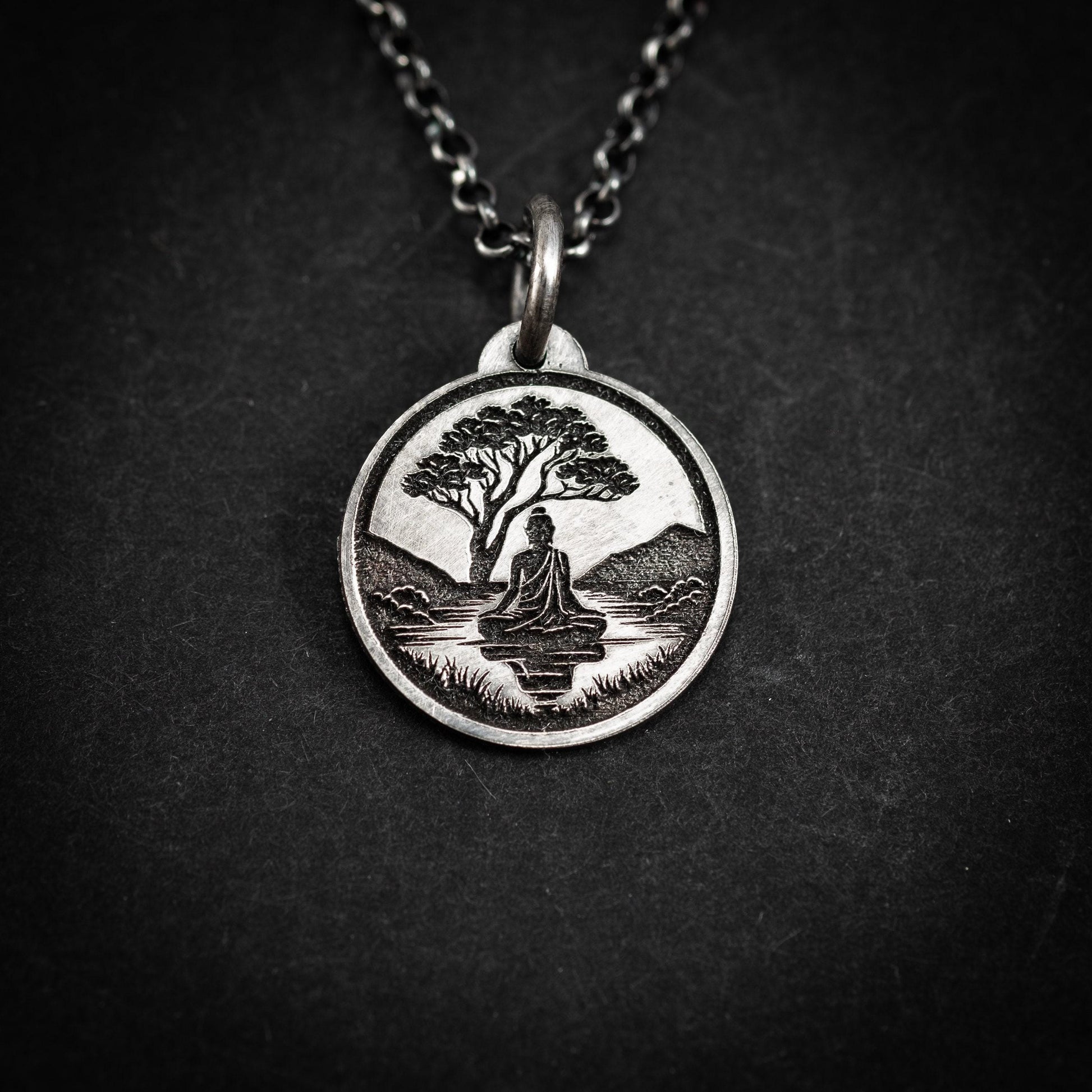 Buddha Meditation silver pendant necklace, Buddhist yoga handmade spiritual jewelry, Mindfulnes gift for him, mens necklace, Anxiety relief