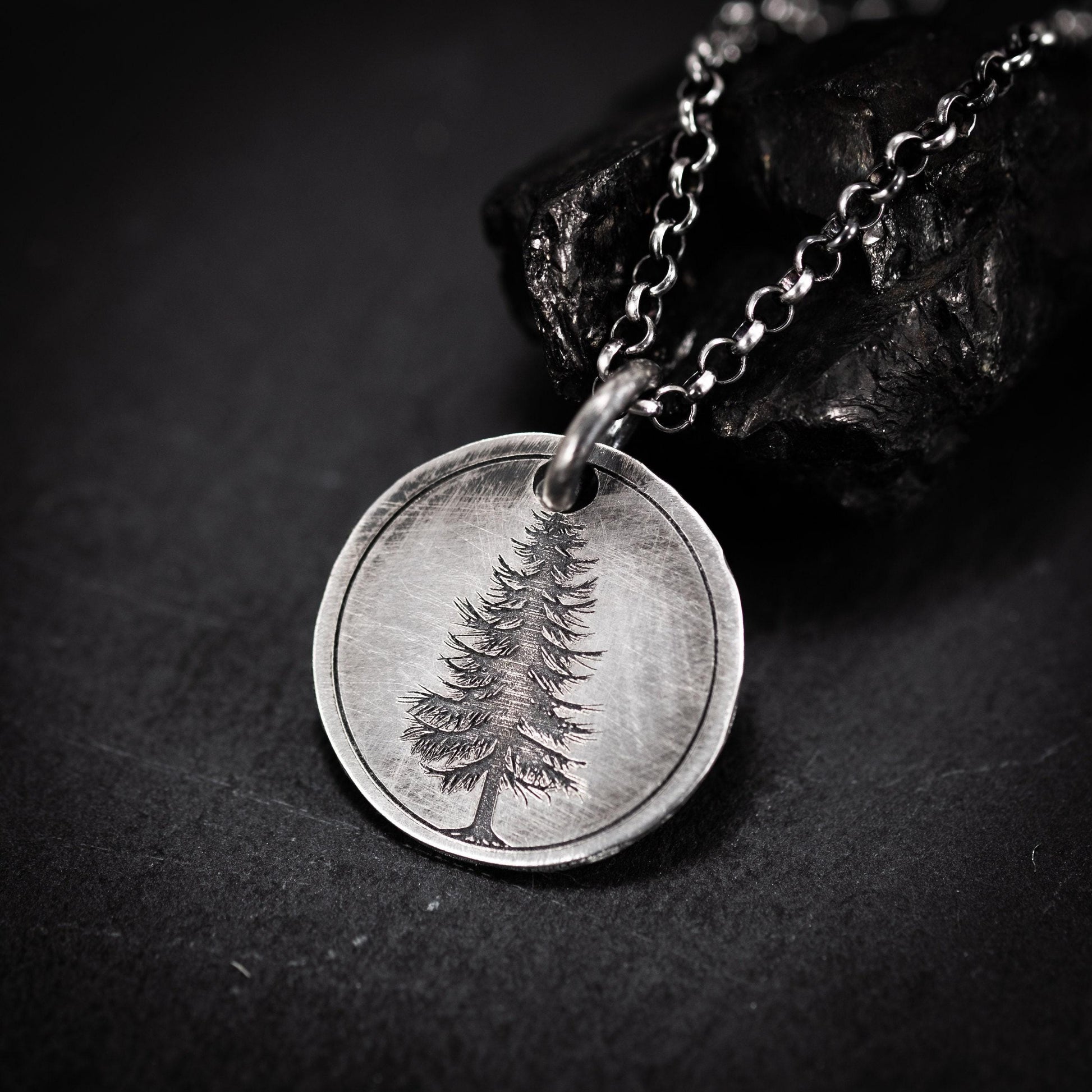 Silver Pine Tree pendant necklace, Personalized forest nature jewelry, engraved necklace, gift for her, mens necklace