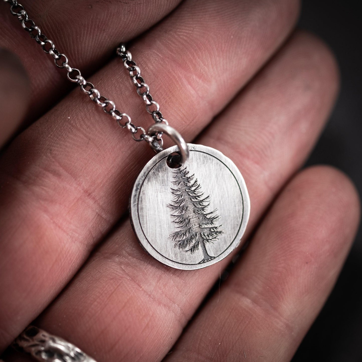 Silver Pine Tree pendant necklace, Personalized forest nature jewelry, engraved necklace, gift for her, mens necklace