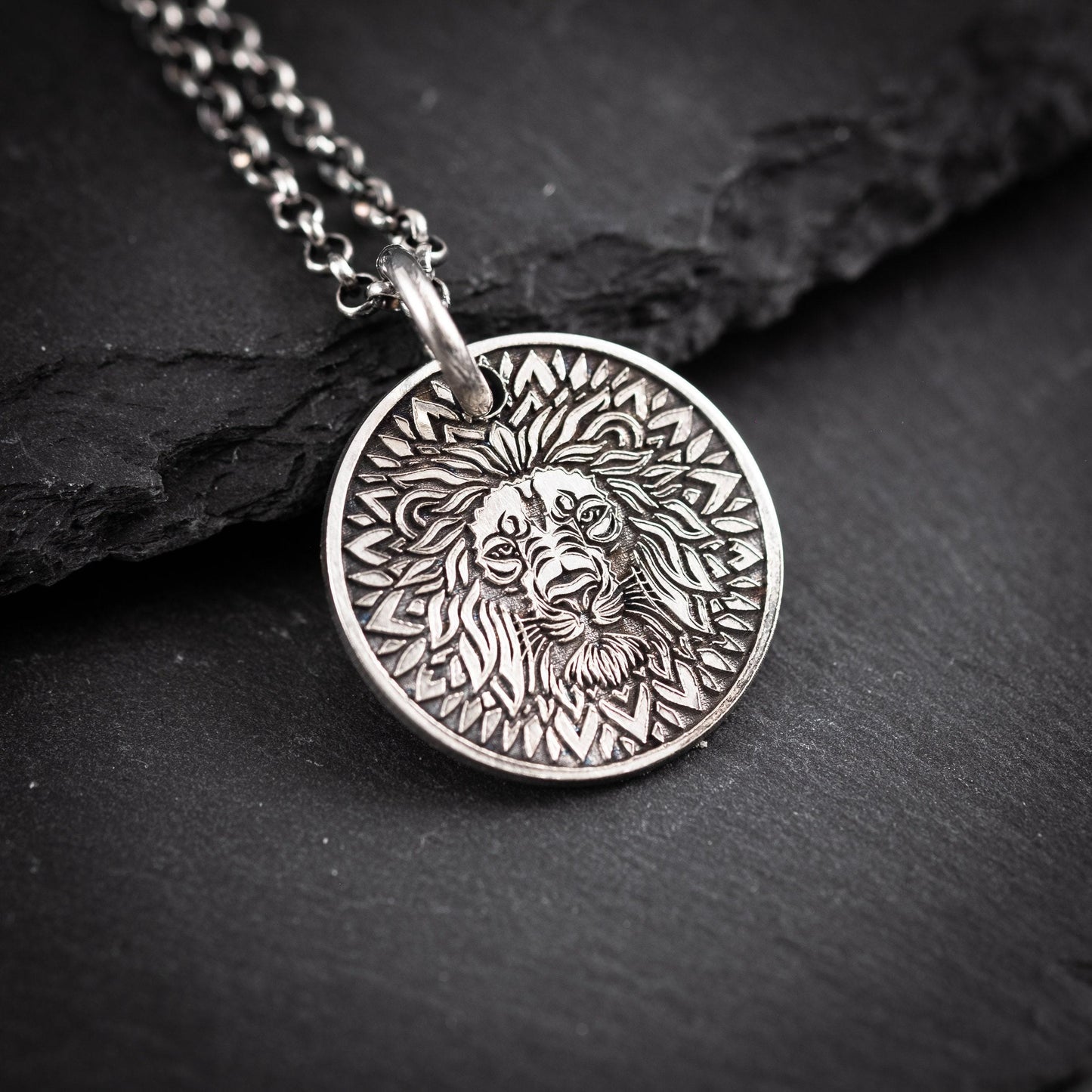 Lion Head Silver coin pendant necklace medallion, Mandala Protection Strength amulet Leo zodiac necklace, oxidized Astrology jewelry,