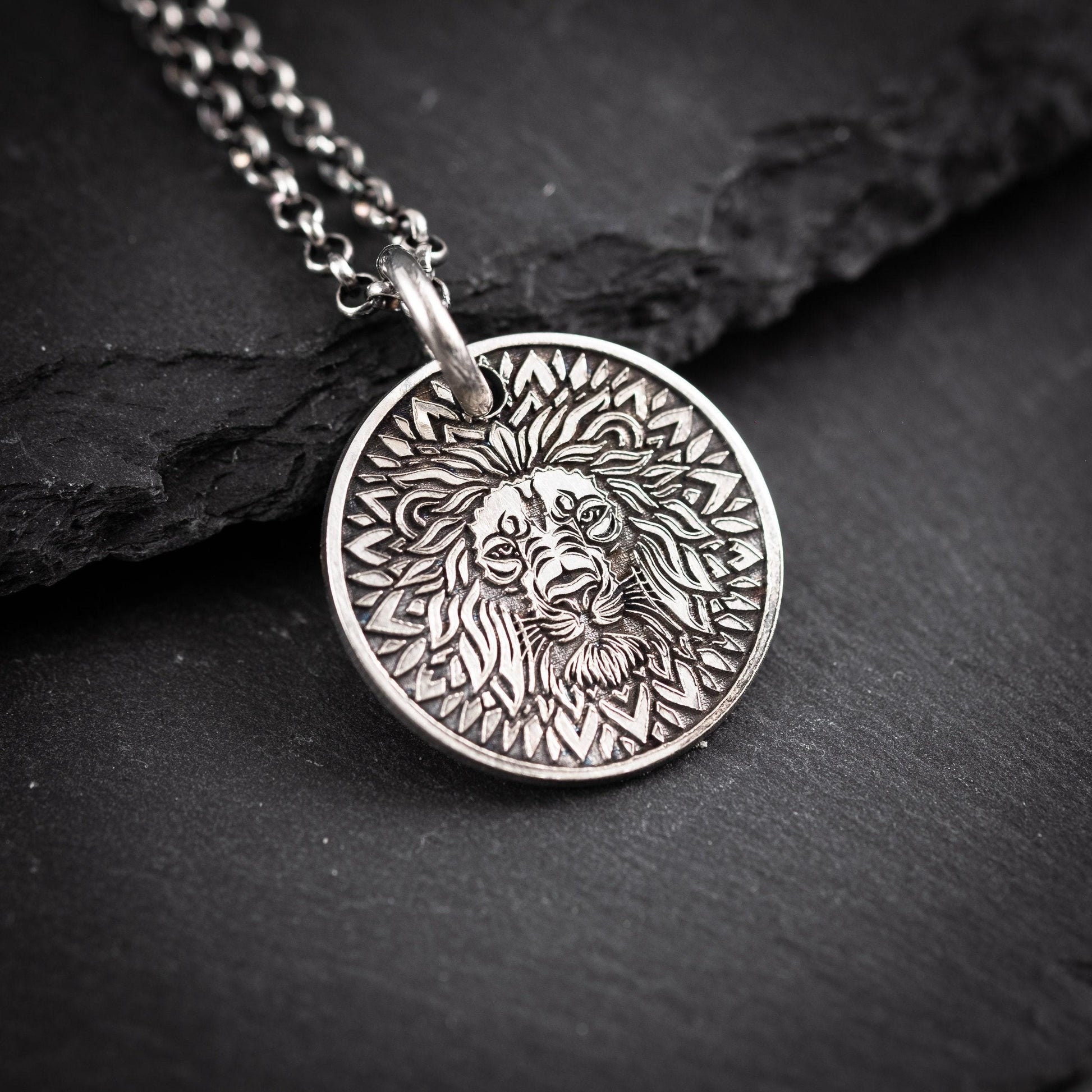 Lion Head Silver coin pendant necklace medallion, Mandala Protection Strength amulet Leo zodiac necklace, oxidized Astrology jewelry,