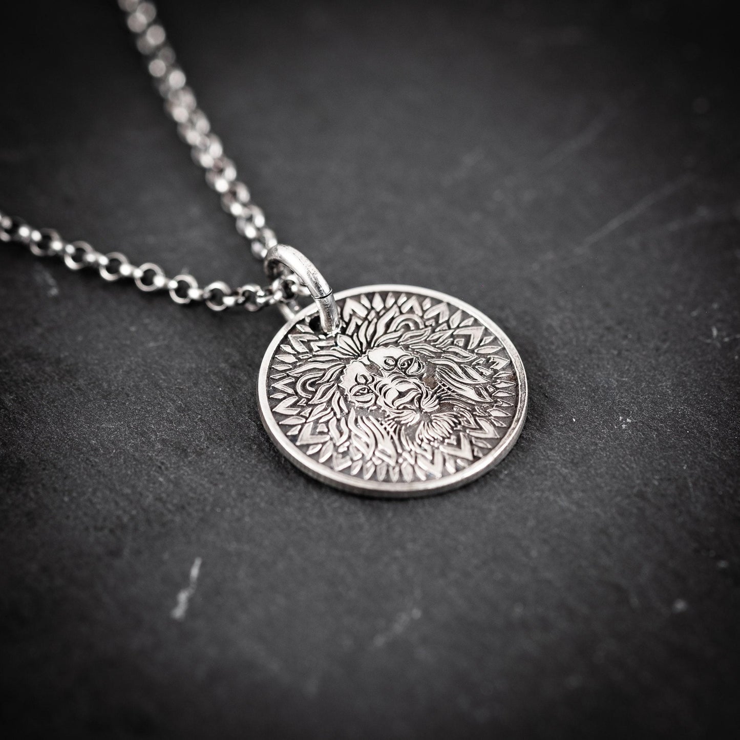 Lion Head Silver coin pendant necklace medallion, Mandala Protection Strength amulet Leo zodiac necklace, oxidized Astrology jewelry,