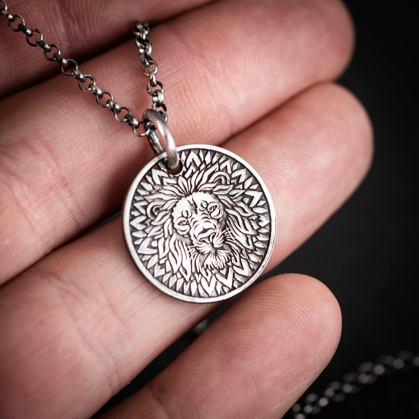 Lion Head Silver coin pendant necklace medallion, Mandala Protection Strength amulet Leo zodiac necklace, oxidized Astrology jewelry,