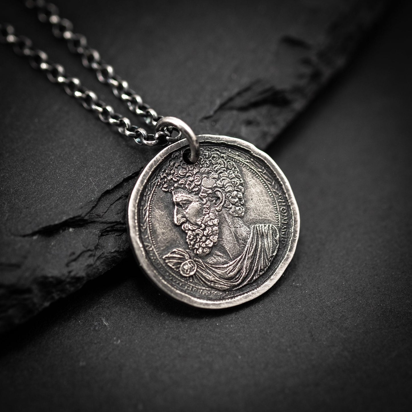 Silver Marcus Aurelius Roman emperor coin necklace, Ancient stoicism pendant, mens meditation gift, anxiety relief personalized jewelry