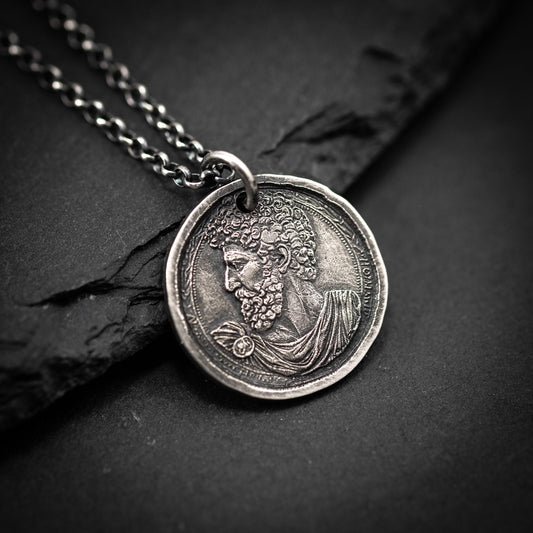 Silver Marcus Aurelius Roman emperor coin necklace, Ancient stoicism pendant, mens meditation gift, anxiety relief personalized jewelry