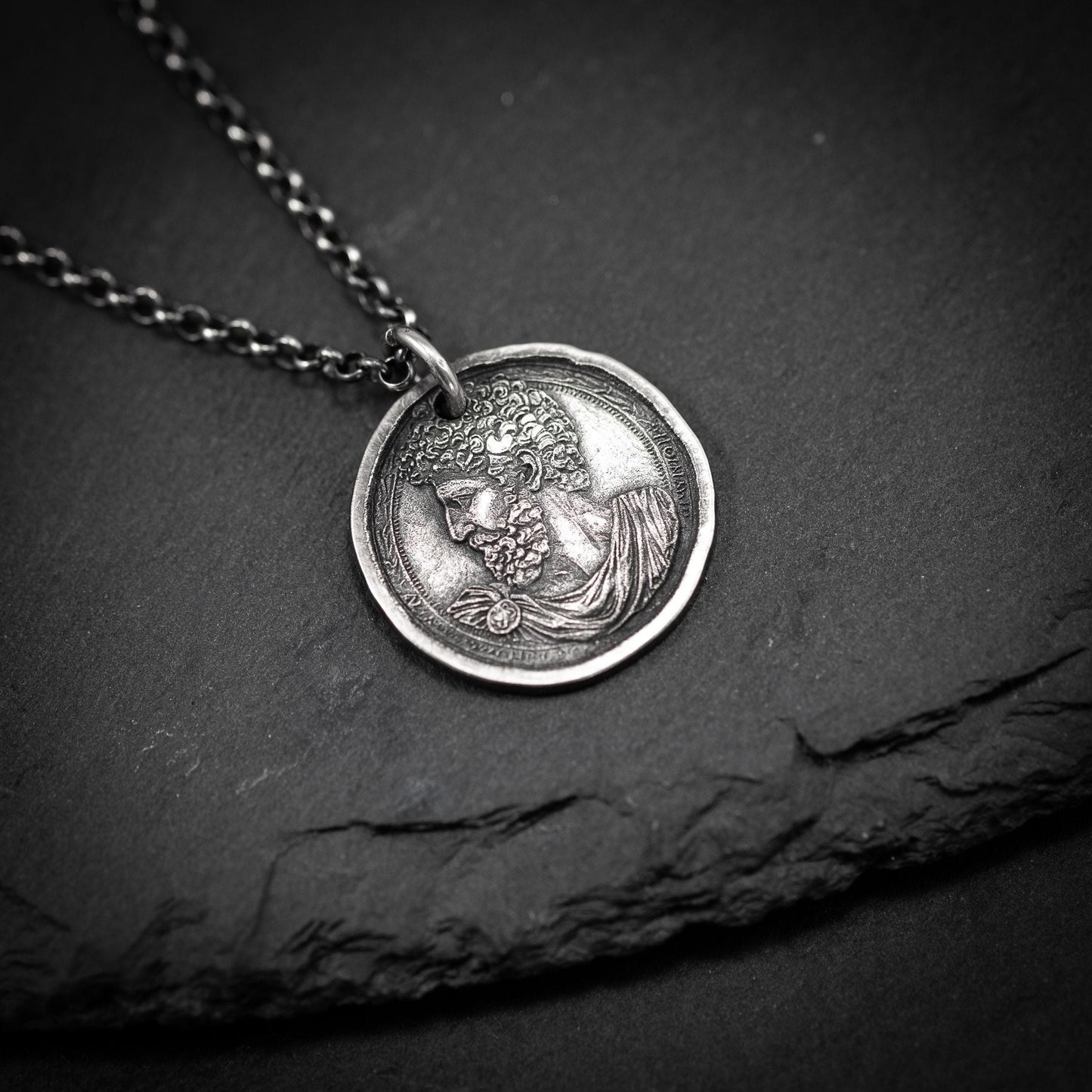 Silver Marcus Aurelius Roman emperor coin necklace, Ancient stoicism pendant, mens meditation gift, anxiety relief personalized jewelry
