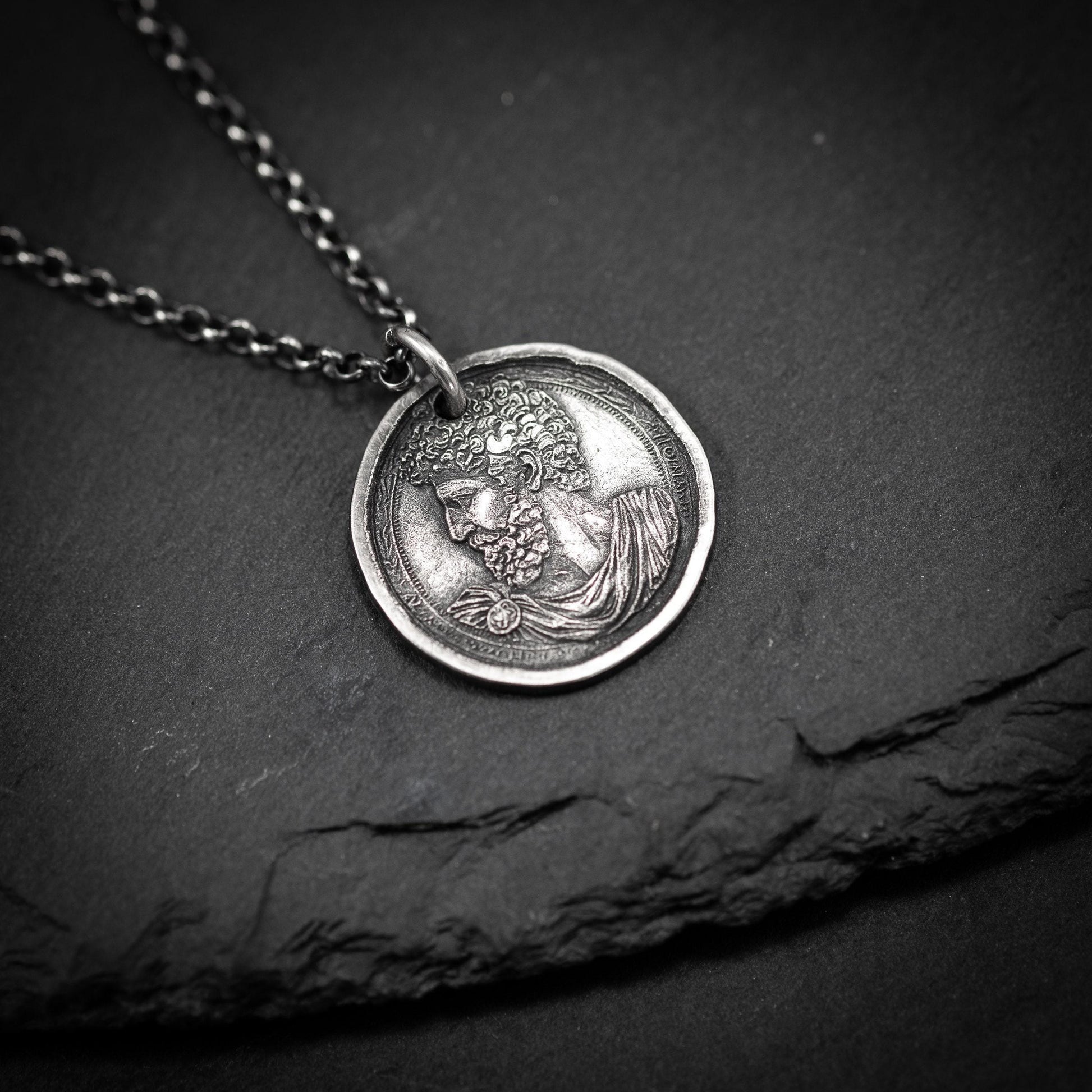 Silver Marcus Aurelius Roman emperor coin necklace, Ancient stoicism pendant, mens meditation gift, anxiety relief personalized jewelry