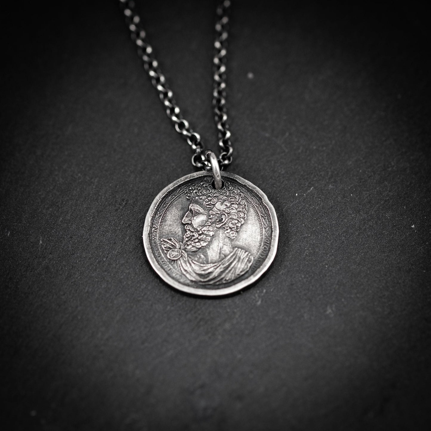 Silver Marcus Aurelius Roman emperor coin necklace, Ancient stoicism pendant, mens meditation gift, anxiety relief personalized jewelry