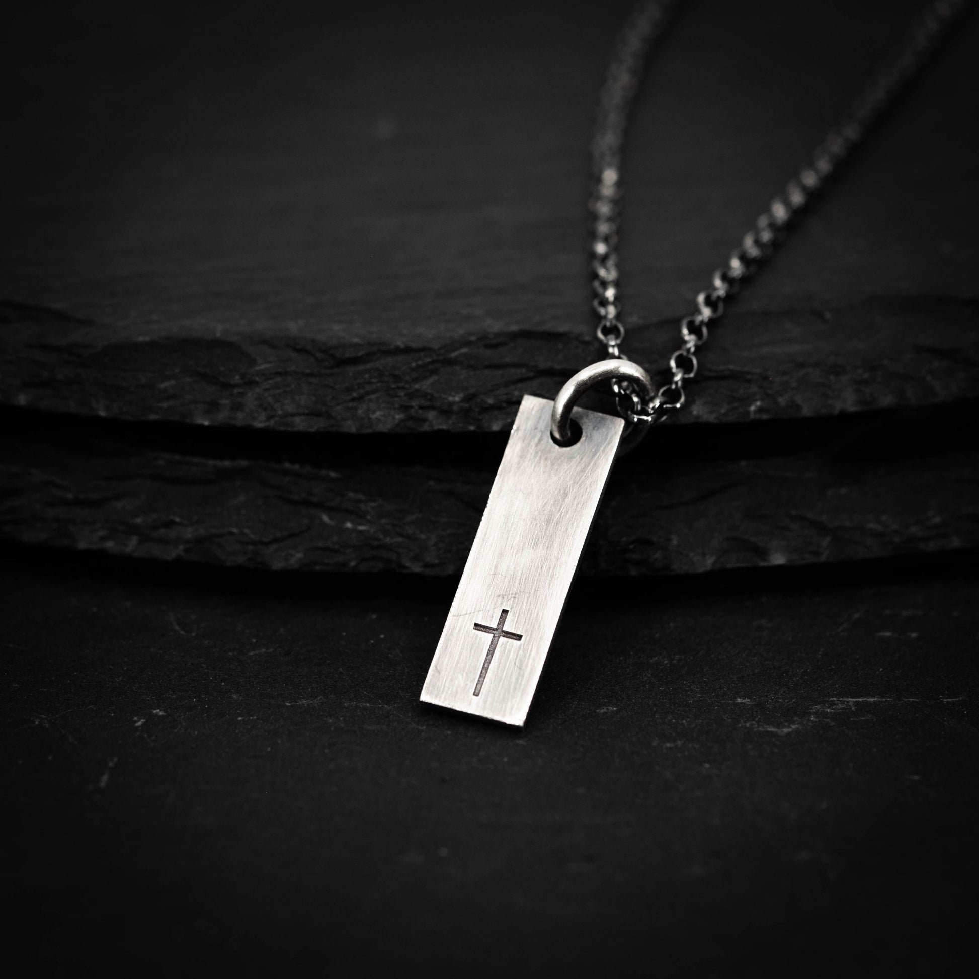 Minimalist Silver Cross Pendant – Rectangular Bar Necklace, Handmade Faith Jewelry for Men, Christmas gift