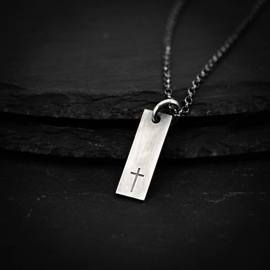 Minimalist Silver Cross Pendant – Rectangular Bar Necklace, Handmade Faith Jewelry for Men, Christmas gift