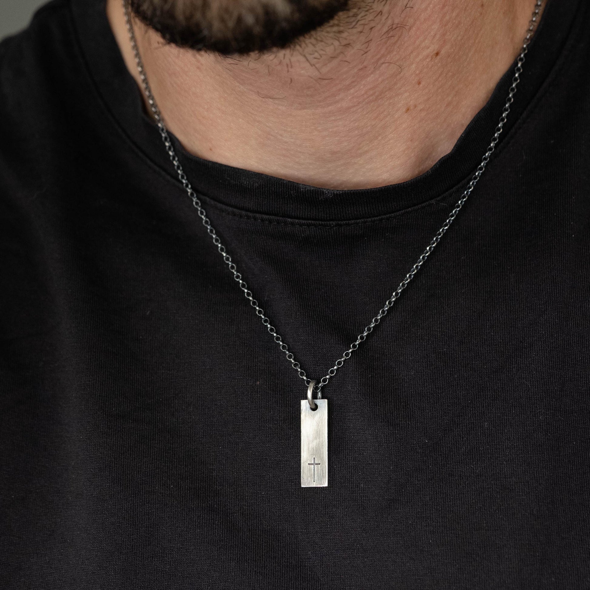 Minimalist Silver Cross Pendant – Rectangular Bar Necklace, Handmade Faith Jewelry for Men, Christmas gift