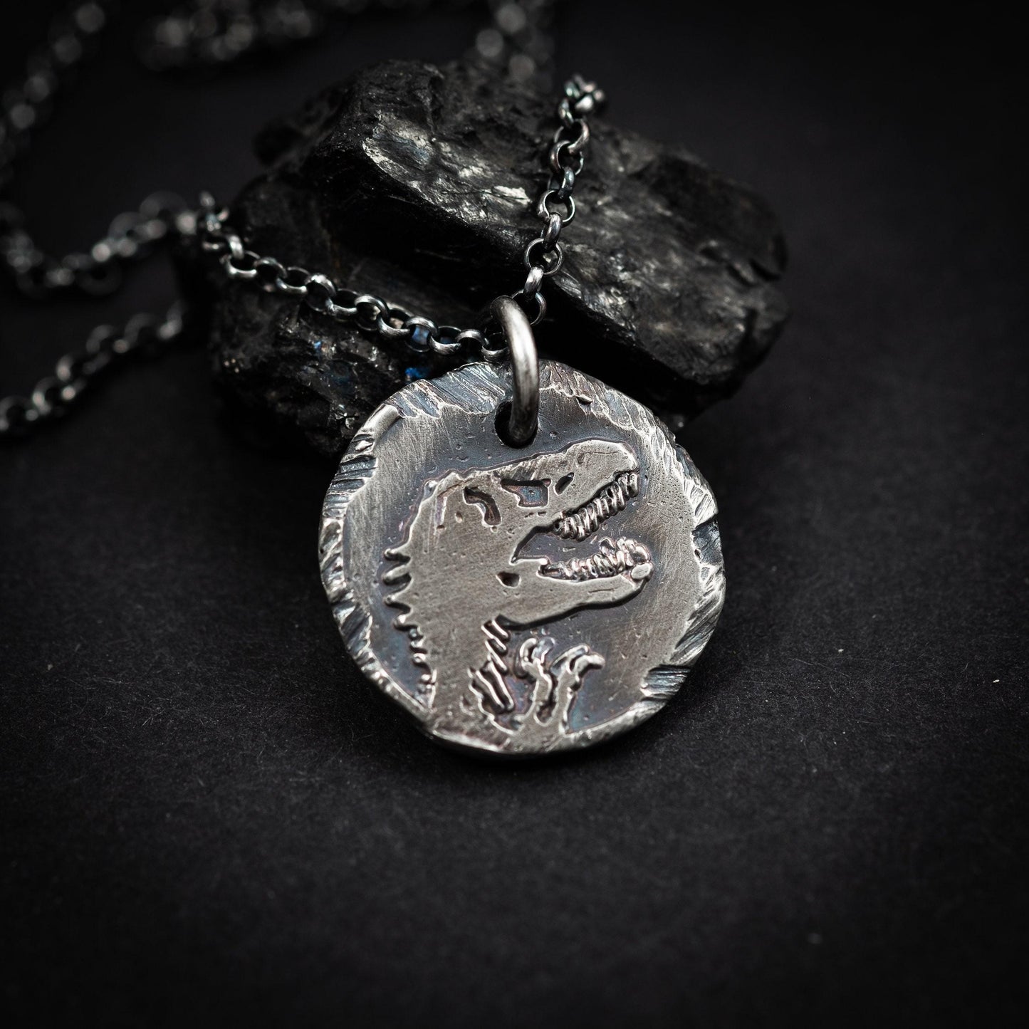 Dinosaur T-rex Silver mens pendant necklace, Rustix Handmade oxidized jewelry, Sterling silver mens gift