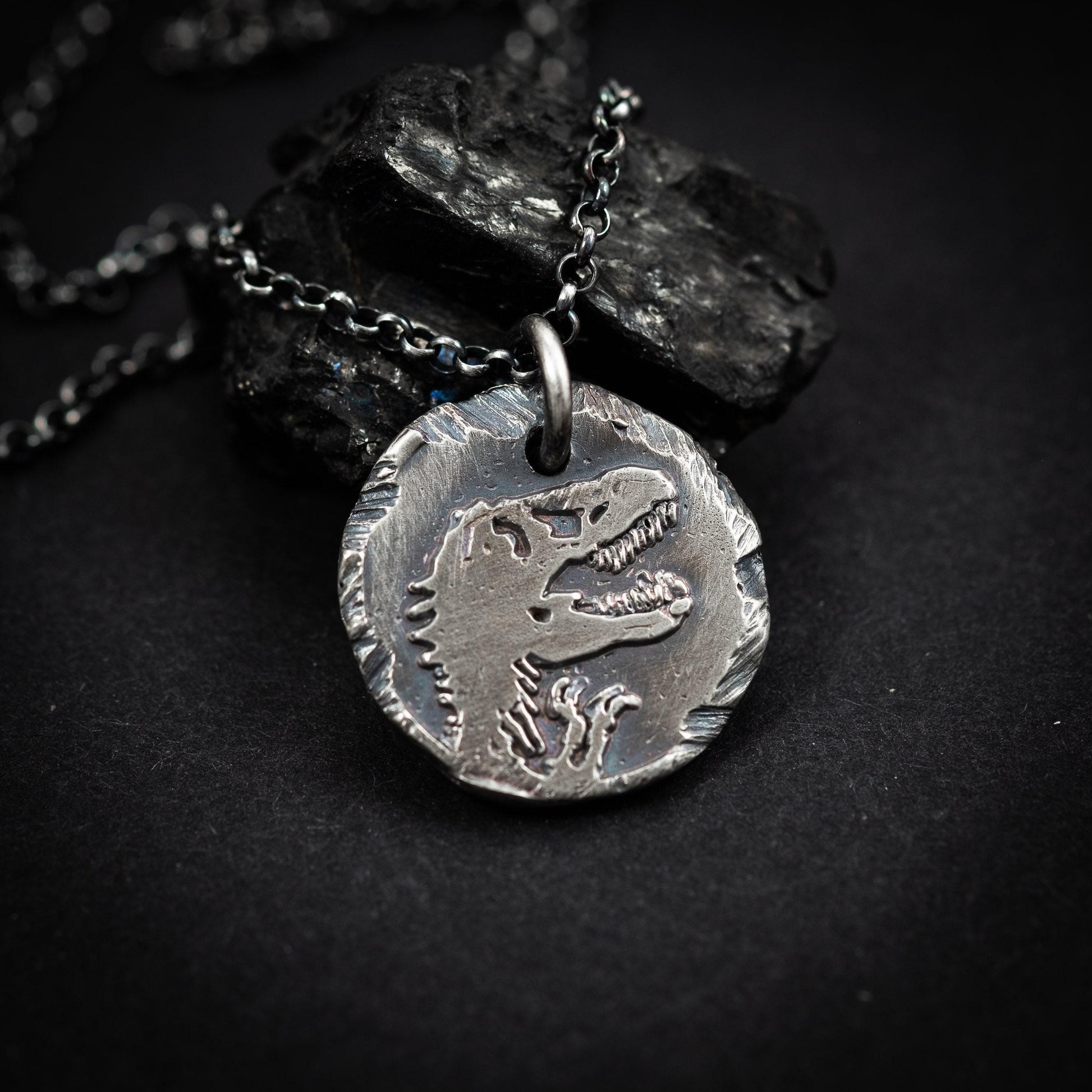 Dinosaur T-rex Silver mens pendant necklace, Rustix Handmade oxidized jewelry, Sterling silver mens gift