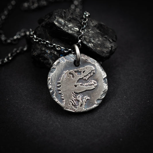 Dinosaur T-rex Silver mens pendant necklace, Rustix Handmade oxidized jewelry, Sterling silver mens gift