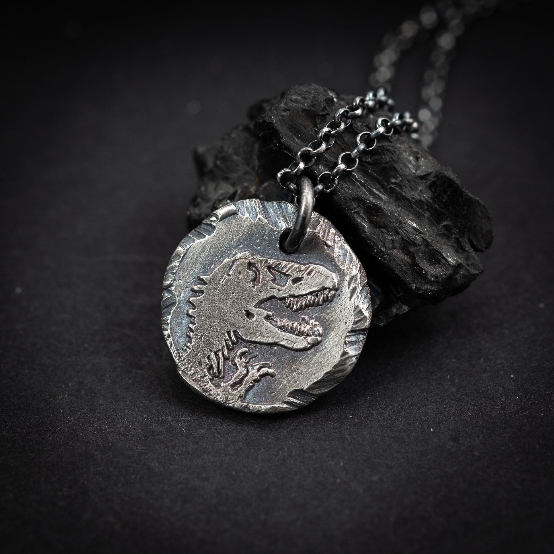 Dinosaur T-rex Silver mens pendant necklace, Rustix Handmade oxidized jewelry, Sterling silver mens gift
